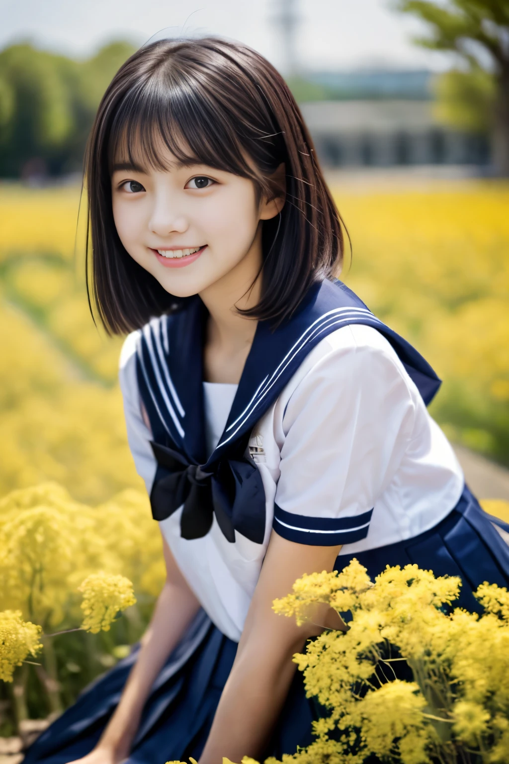 masterpiece, Best Quality, 8K, 1 girl, (18 years old), Teen ager, Raw photo, smile, Solo, (A super cute idol-like face:1.4), Delicate girl, Black hair, middle bob hair, straight hair, bangs, Looking at Viewer, Candid, Sophisticated, Professional Lighting, Film grain,  whole body, beautiful figure, The background is a field of yellow rape blossoms and rows of cherry blossom trees,  (White shirt, sailor school uniform, navy pleated skirt:1.2), tiny chest, Cherry Blossom, Sitting on the bench, 