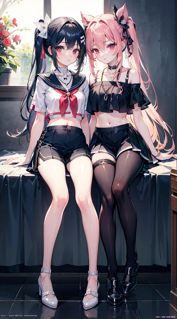 twin, masterpiece,best quality,official art,Extremely detailed CG unified 8k wallpaper, 2 girls, cute female , Yuri, hair accessories, shorts, crop top, pantyhose, ribbon_necklace, leg straps,