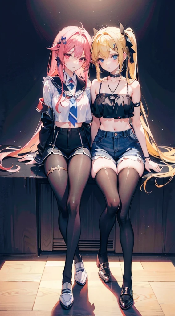 twin, masterpiece,best quality,official art,Extremely detailed CG unified 8k wallpaper, 2 girls, cute female , Yuri, hair accessories, shorts, crop top, pantyhose, ribbon_necklace, leg straps,