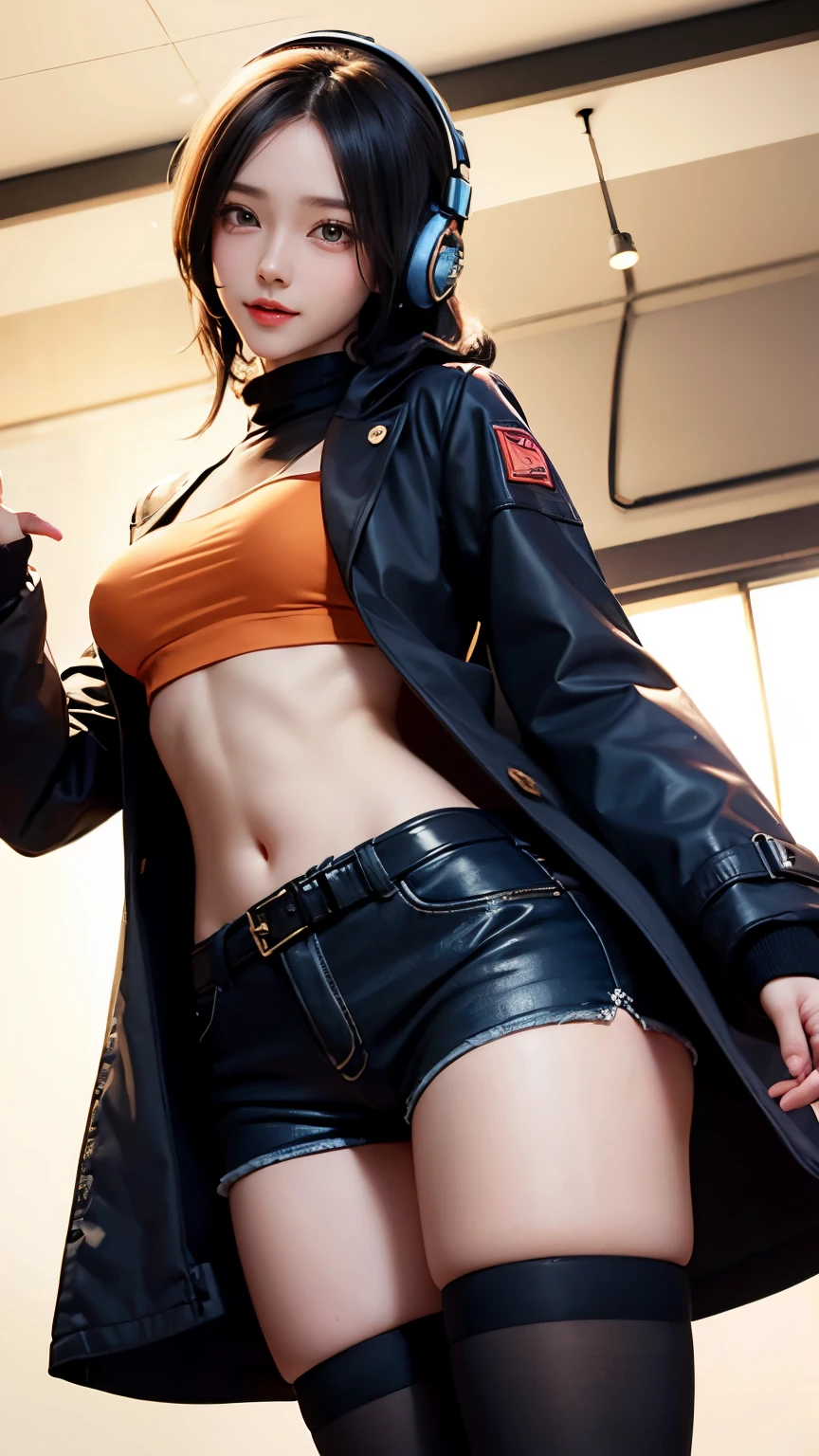 Carrot、Supermodel、Perfect build、Muchimuchi、Three girls are looking at the viewer、　3 girls、、Thighhighs、beautiful feet、hot pants、coat、cyber punk、headphone、gentle smile、Seen by girls from below、Innocent face