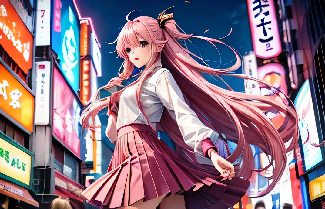 Tokyo, kabukicho, Long hair fluttering in the wind, pink hair, HD, skirt