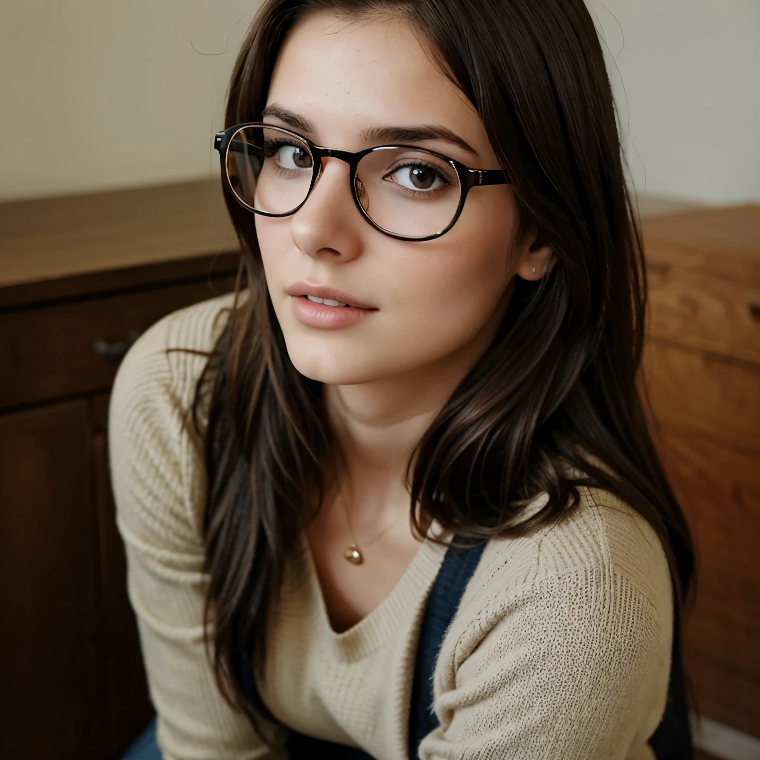 a beautiful brunette 18 yearold  outfit glasses sitted down