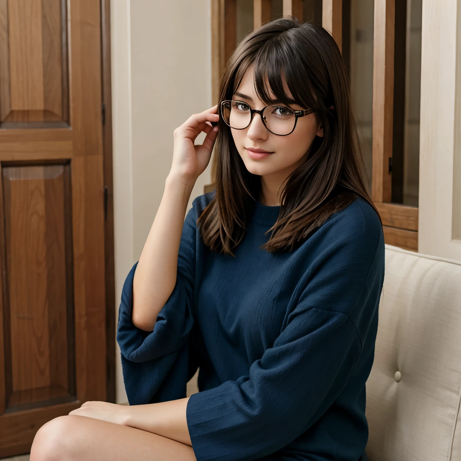 a beautiful brunette 18 yearold outfit glasses sitted down