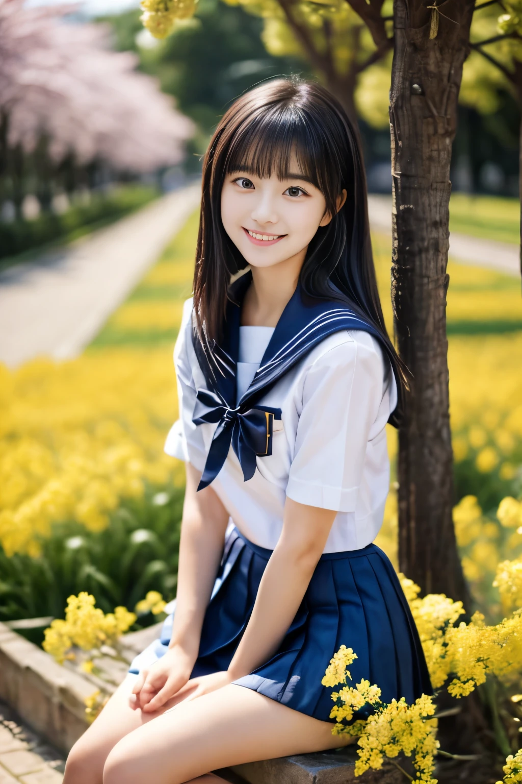 masterpiece, Best Quality, 8K, 1 girl, (18 years old), Teen ager, Raw photo, smile, Solo, (A super cute idol-like face:1.4), Delicate girl, Black hair, middle bob hair, straight hair, bangs, Looking at Viewer, Candid, Sophisticated, Professional Lighting, Film grain,  whole body, beautiful figure, The background is a field of yellow rape blossoms and rows of cherry blossom trees,  (White shirt, sailor school uniform, navy pleated skirt:1.2), tiny chest, Cherry Blossom, Sitting on the bench, 