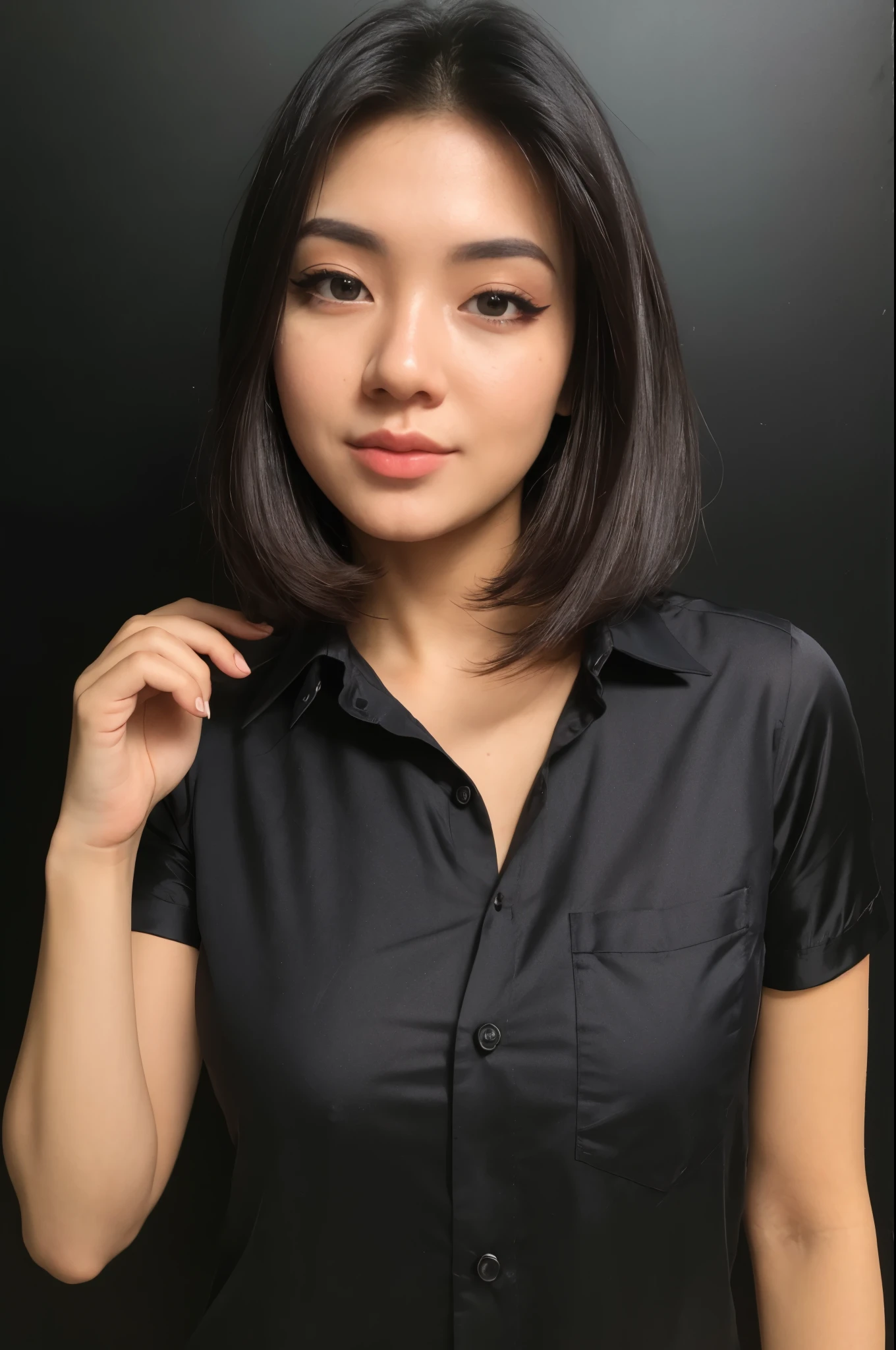 20 years old woman, (photorealistic:1.4, realistic), highly detailed CG unified 8K wallpapers, 1girl, (((thick body:0.8))), looking at viewer, (HQ skin:1.4), 8k uhd, dslr, soft lighting, high quality, film grain, Fujifilm XT3, ((upper body shot:1.2)), (((black silk collared shirt))), ((simple background, black background)), ((black short hair))