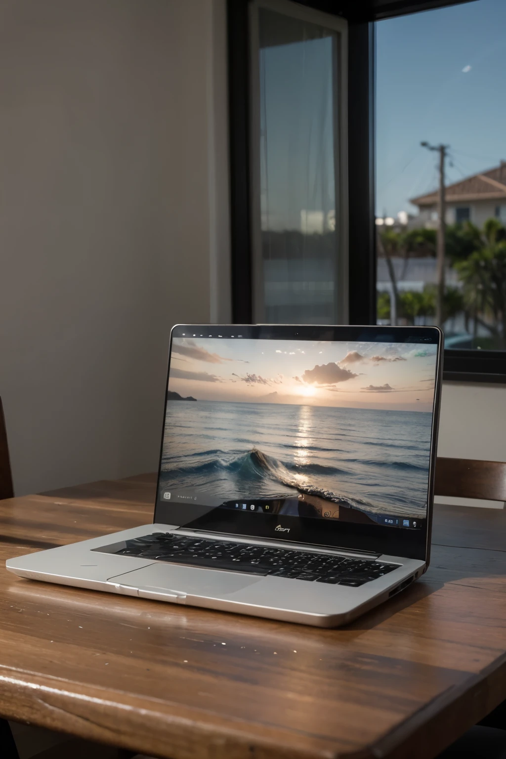 una laptop encima de una mesa de lejos se ve el mar