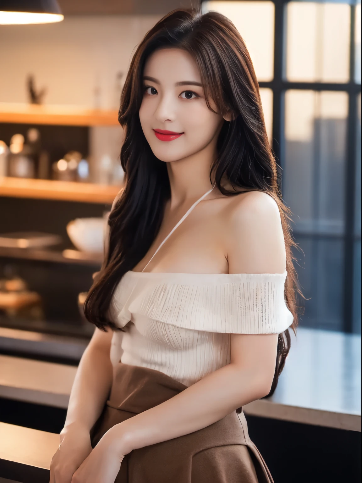 ((top quality、8k、Masterpiece:1.3))、Extremely delicate and beautiful girl,realistically,Extremely ridiculous,Abstractionism,From the waist to the shoulders,catch,Extra detailed body,Port wind,,flowing hair,light brown hair,viton hair,beautiful fine hair,Exquisite and beautiful face,Smile,clear eyes, black eyes,neck_bow ribbon,frills_skirt,beautiful clear background,beautiful sky,bloom,very precise details,absurd,very CG,((A sexy mature girl:1.5))、thick lips、deep red lip gloss、eye makeup、((40 years:1.5))、sweater、paris cafe scene、sunset sky,huge breasts,Larger breasts,amazing breast size,Raised nipples,Extensive nudity,More nudity
