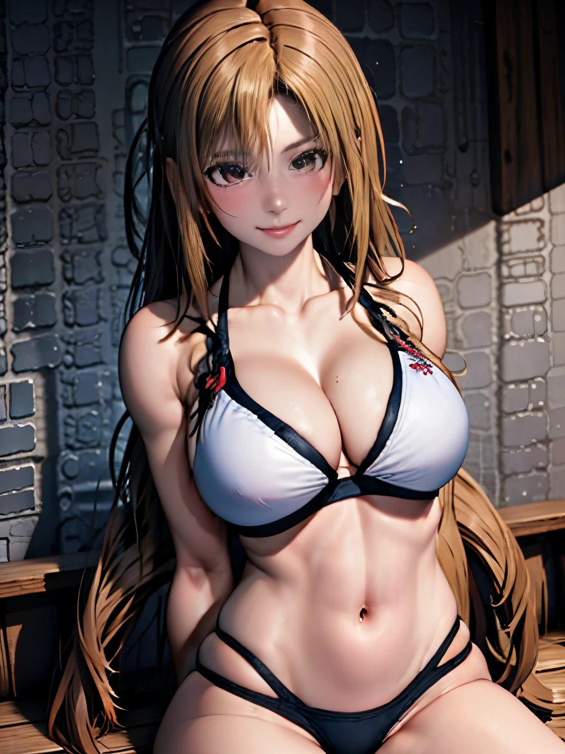 1 woman、Swimsuit、black and blue swimsuit、High leg、big breasts、blonde、long hair、wet hair、wet body、hands above head、beautiful skin、beautiful armpits、beautiful cleavage、sitting cross-legged、Smiling while looking at me、red cheeks、Poolside、white skin、Big eyes、anime style、Asian、Japan、South Korea、Beauty、mole under left eye、20-year-old、21 years old、22 years old、young woman、