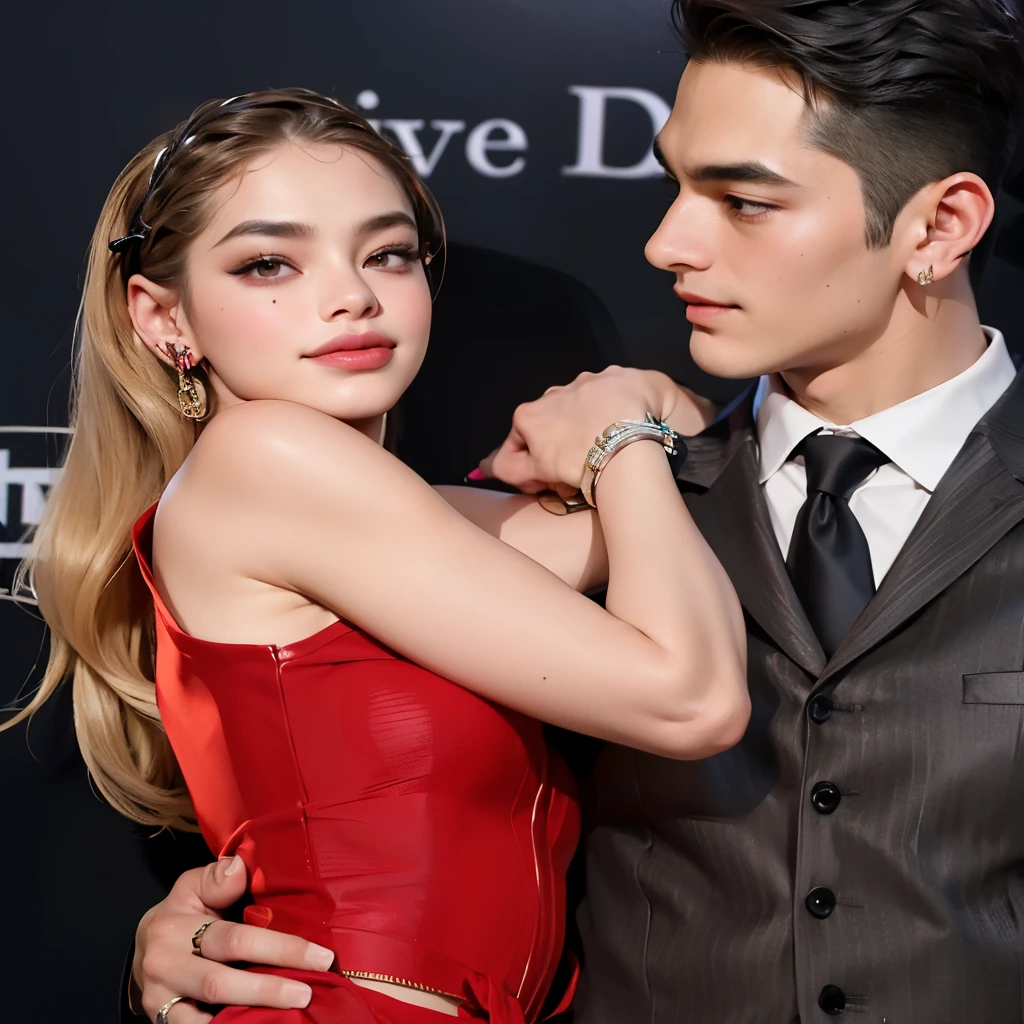 Imagen araffada de un hombre y una mujer posando para una foto., manos elegantes, they are in love, mirando su hombro, Mira todos esos detalles, marca ariana, 1614572159, en un vestido rojo, Sofia Turner, muy atractivo y hermoso, brazo alrededor de su cuello, Detalles sutiles, kim Jennie, kpop, idol, kpop, jennie blackpink, blackpink, femenine korean face, jennie 