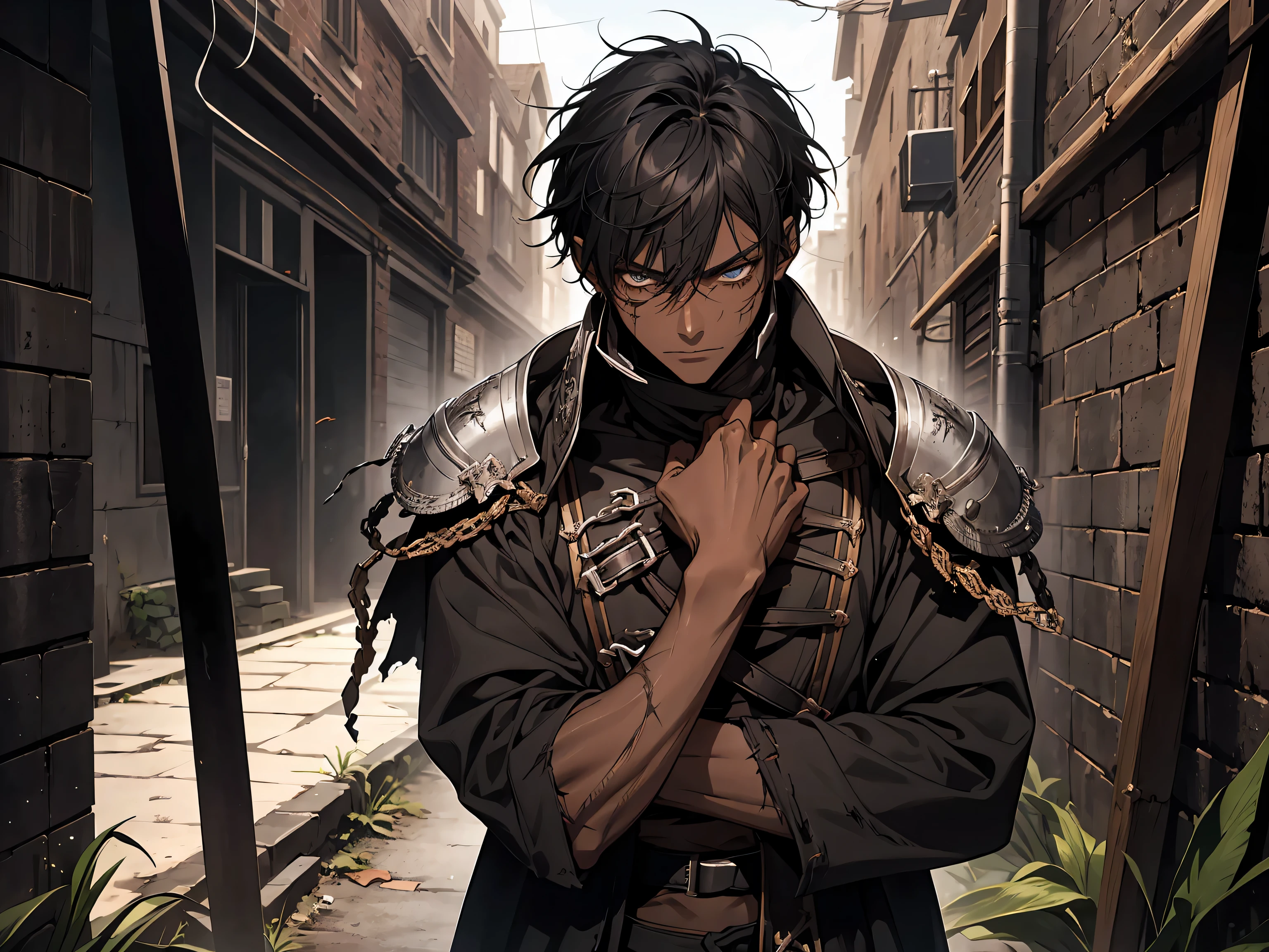 thin young man, dark skin wearing mask, slavery, this man is a slave, black hair, in a prison, dungeon, dark, medieval times, frustrated, torn clothes, sitting in a cell, ragged oversized clothes, imprisoned, bruised, punch scars
