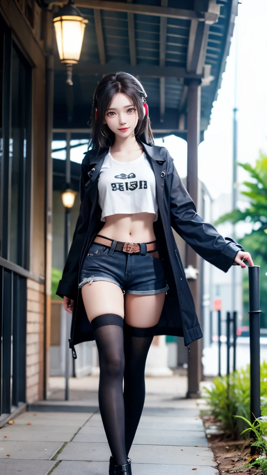 Carrot、Supermodel、Perfect build、Muchimuchi、Three girls are looking at the viewer、　3 girls、、Thighhighs、beautiful feet、hot pants、coat、cyber punk、headphone、gentle smile、Seen by girls from below、Innocent face