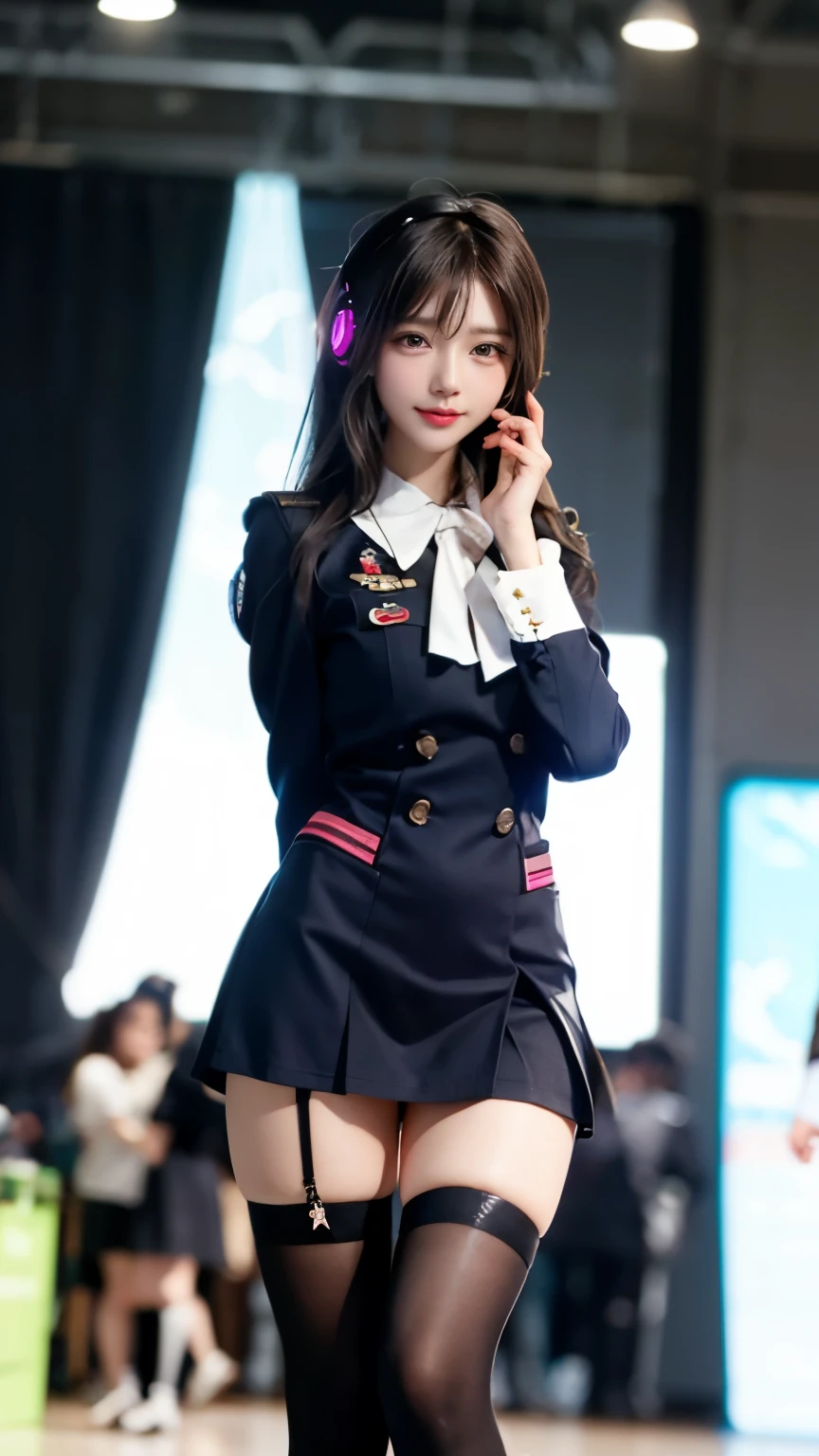 star、Supermodel、Perfect build、Muchimuchi、Three girls are looking at the viewer、girl、、Thighhighs、beautiful feet、、cyber punk、headphone、gentle smile、seen by girls、Innocent face、Military Uniform Lolita