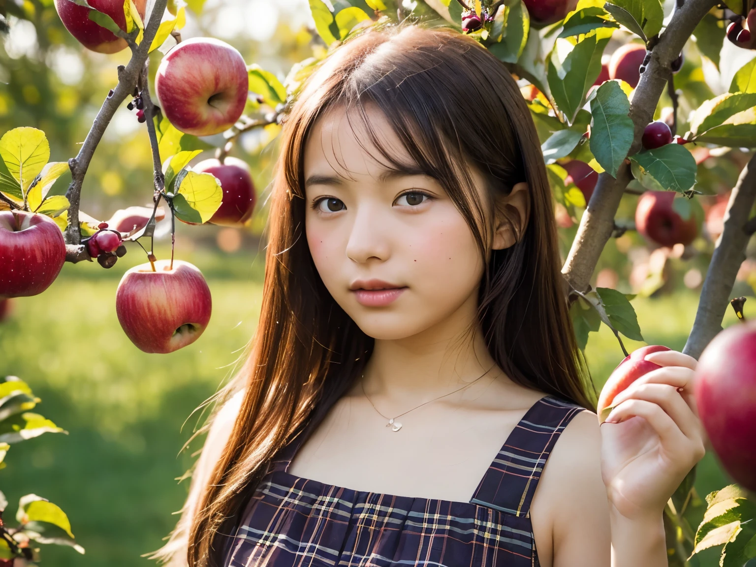 (best quality), (raw photo),(at the apple orchard), young Japanese girl,