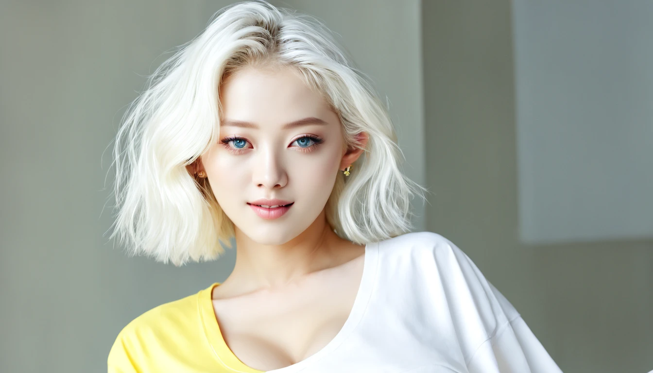 （（（ blue eyes, Large ，with short white hair，））），((Masterpiece)),A high resolution, ((Best quality))，tmasterpiece，top-quality，best qualityer，（（（ Exquisite facial features，looking at viewer, ））），（（（Light and shadow interlace，huge ，white skinned，laughingly，self-assured））），（（, with ripped crop t - shirt, Wavy hair yellow theme, cropped wide sleeve, Light yellow, floating golden hair, Clean image, jang wonyoung i've, Very sunny, fancy top, dream medium portrait top light, (((Yellow))), wearing yellow croptop, Yellow, casual clothing style）））
