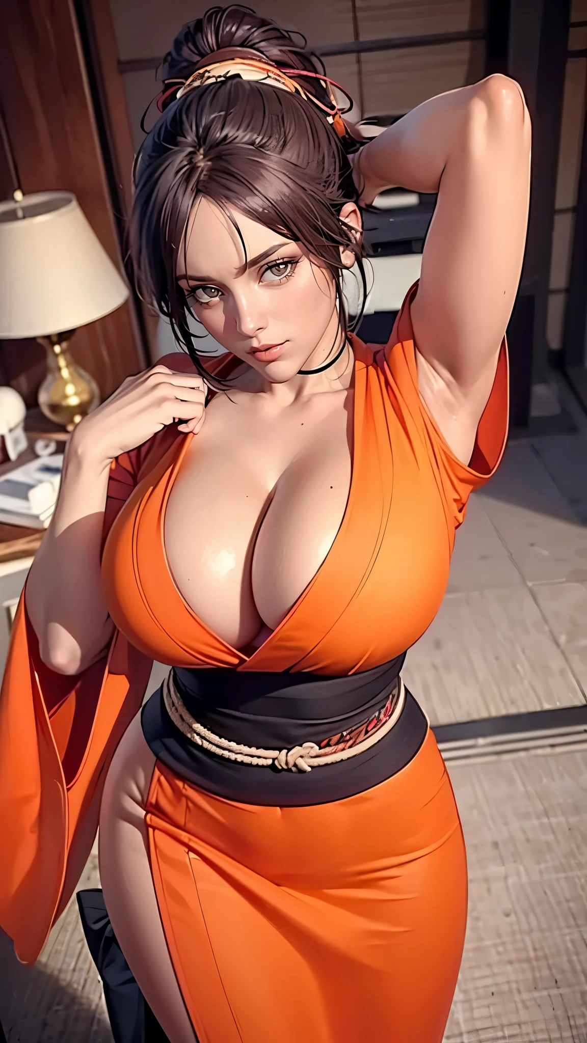 （（（完美figure，figure，xuer martial arts，Orange kimono，Orange kimono，Black undershirt，（（（shihouin yoruichi，Golden pupil，1girl，dark-skinned female，solo，ponytail，long purple hair ））），（（（wide hips））），S型figure:1.7））），((masterpiece)),high resolution, ((Best quality at best))，masterpiece，quality，Best quality，（（（ Exquisite facial features，looking at the audience,There is light in the eyes，blush，shy，open mouth））），（（（Light and shadow interlace，huge ））），（（（looking into camera，lie on the floor，from above，looking down，open hands，Kurotsuchi）））