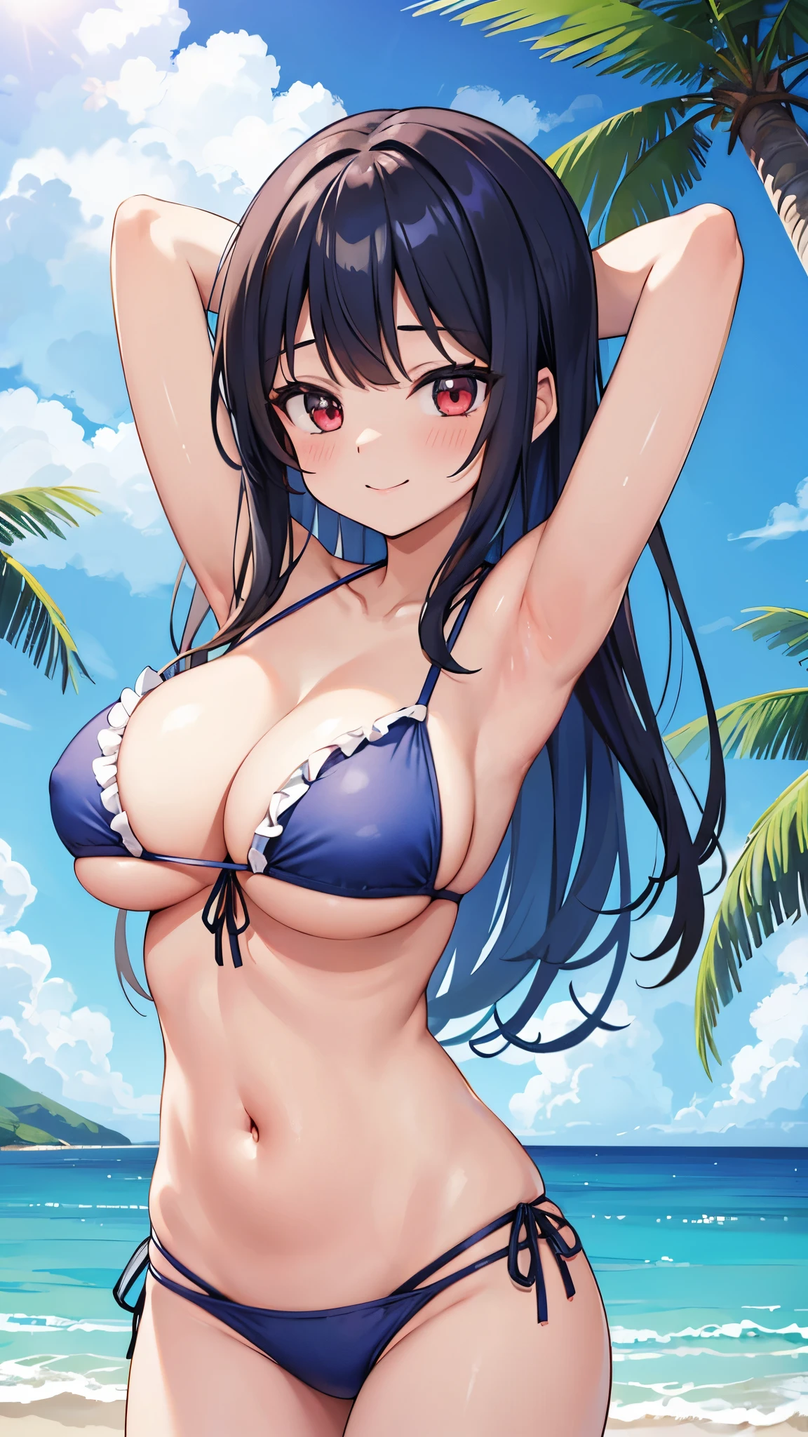 the anime women with big breast is wearing a bikini top. 

 a woman in a bikini top, 1girl, breasts, swimsuit, bikini, solo, large breasts, navel, red eyes, looking at viewer, armpits, long hair, day, outdoors, smile, blue bikini, upper body, arms behind head, sky, blush, bangs, tree, arms up, stomach, palm tree, frills, blue sky