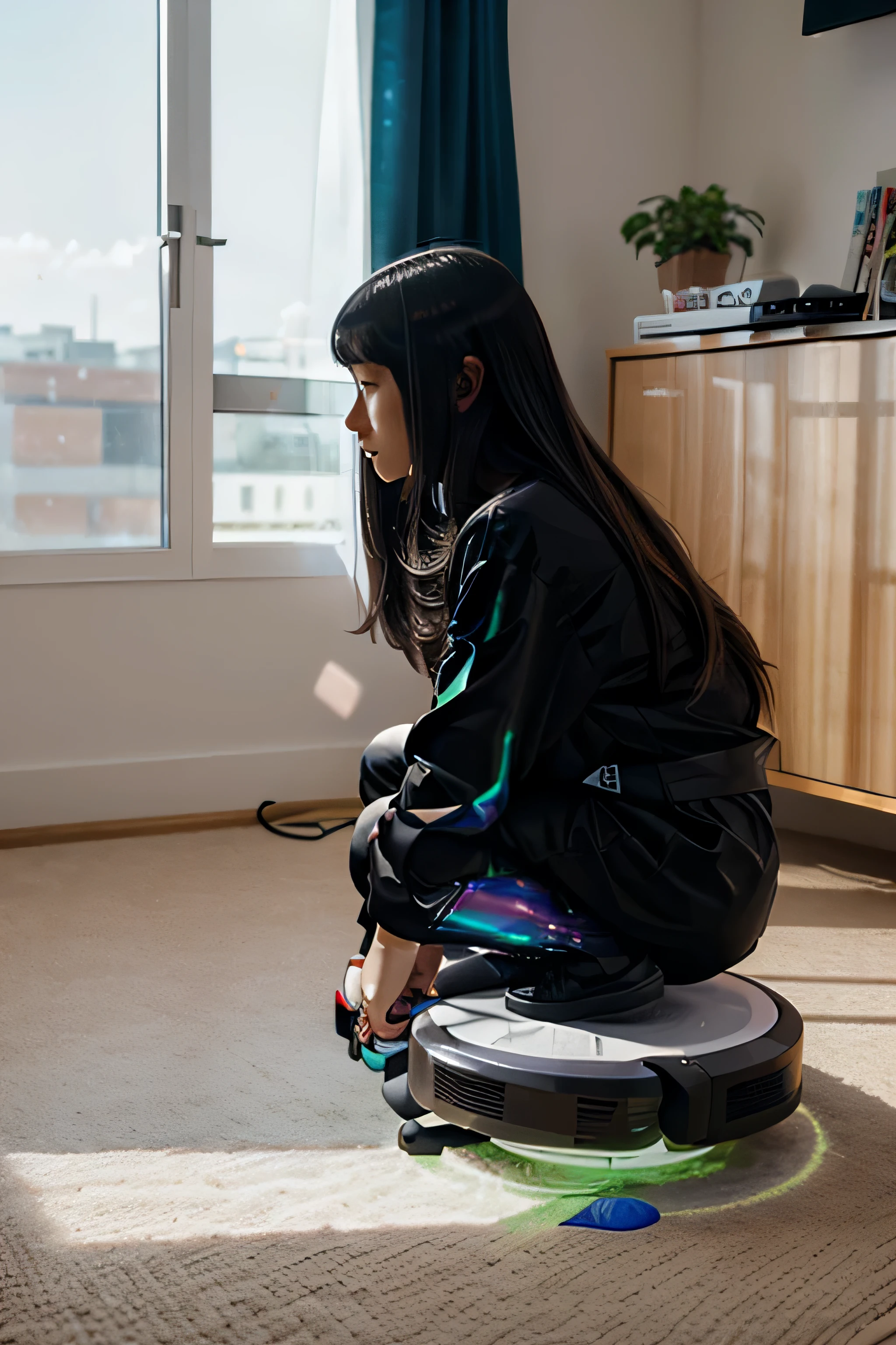 Roomba cleaning a room ( with anime girl hologram on top of the roomba)