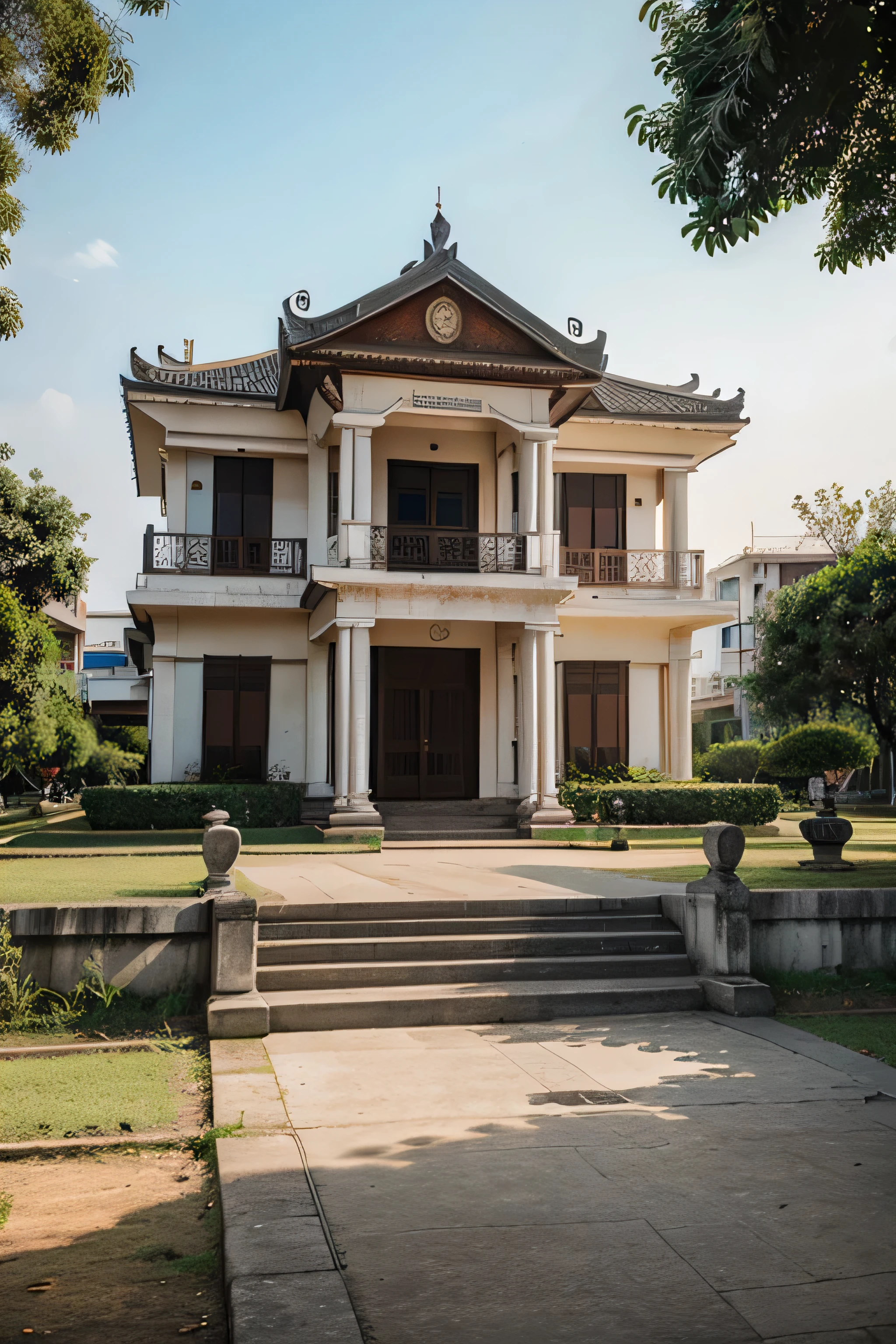 vietnamese museum near a park, wide view, high quality image