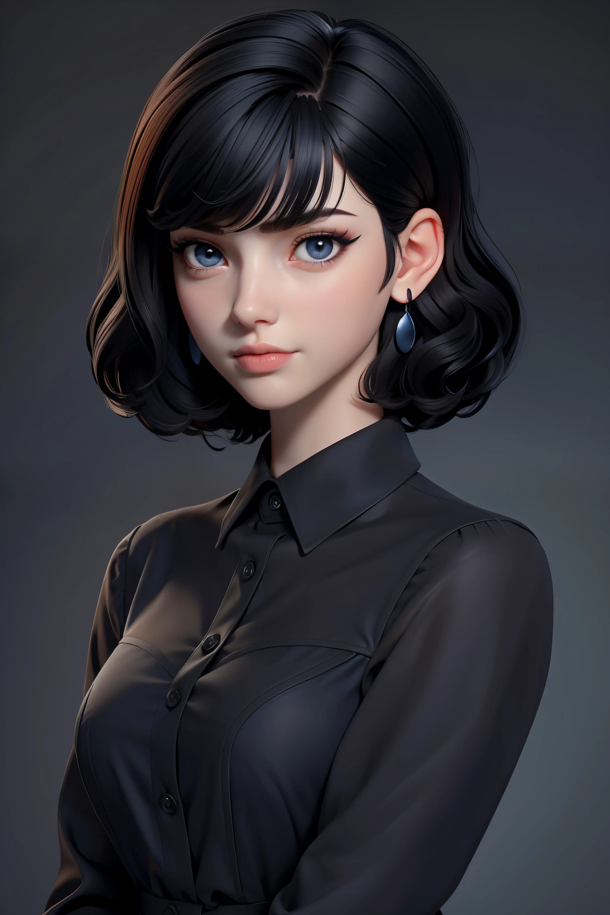 masterpiece, best quality, 1girl, black eyes, pale skin, dark black hair, Wavy hair, short hair, bangs over the eye, earrings, dark blue shirt, simple background, solo, upper body