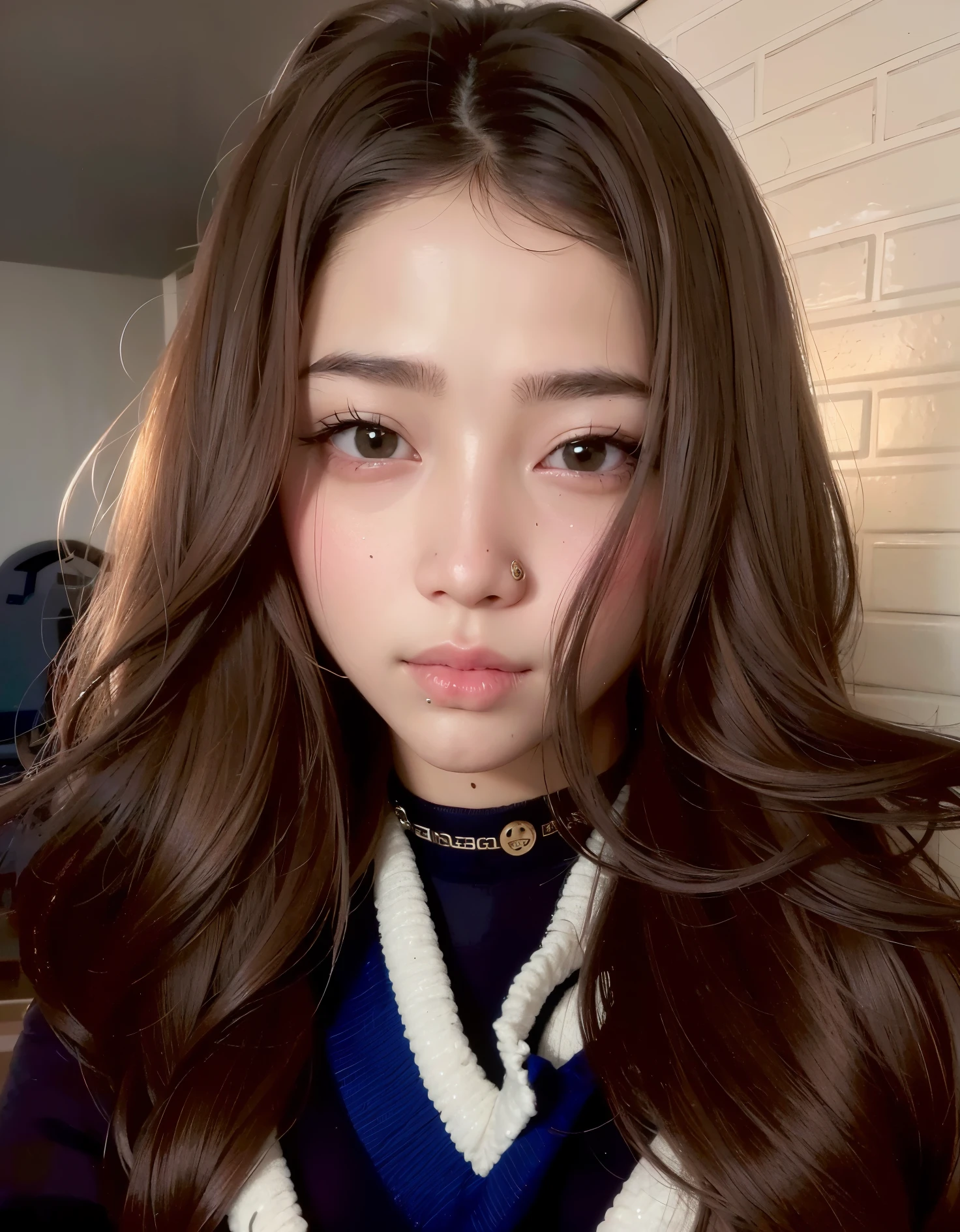 a close up of a woman with long brown hair wearing a sweater, kawaii realistic portrait, ulzzang, jaeyeon nam, young adorable korean face, realistic. cheng yi, with round face, with long hair and piercing eyes, soft round face, wan adorable korean face, beautiful realistic face, cute - fine - face, cute-fine-face, full round face