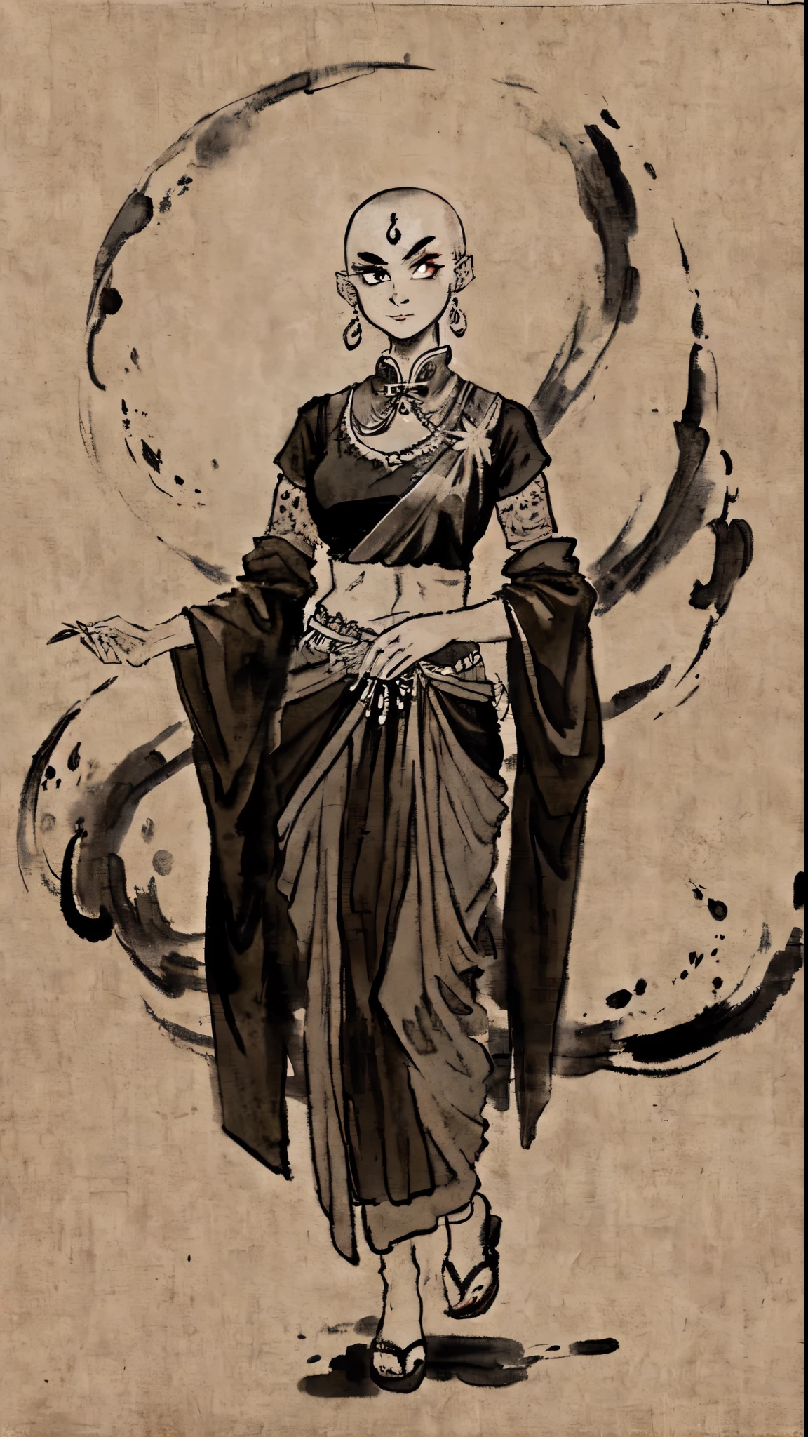 (traditional Chinese ink painting,) (black and white) (fulll body) shukezouma, 1 woman, beautiful Indian woman vampire, shaved head, bald, dark skin, third eye, wearing a saree