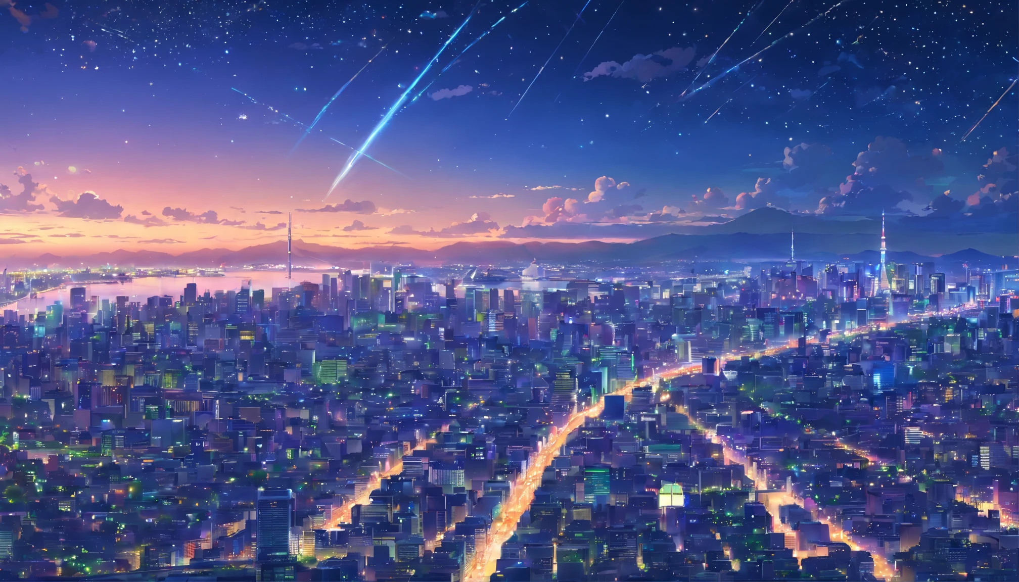 Tokyo city in night, landscape view, constellation, in the sky