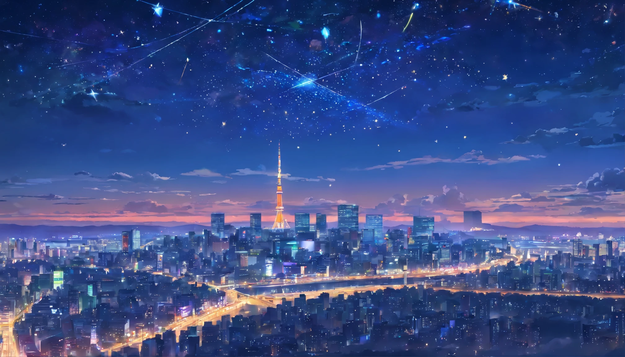Tokyo city in night, landscape view, constellation, in the sky