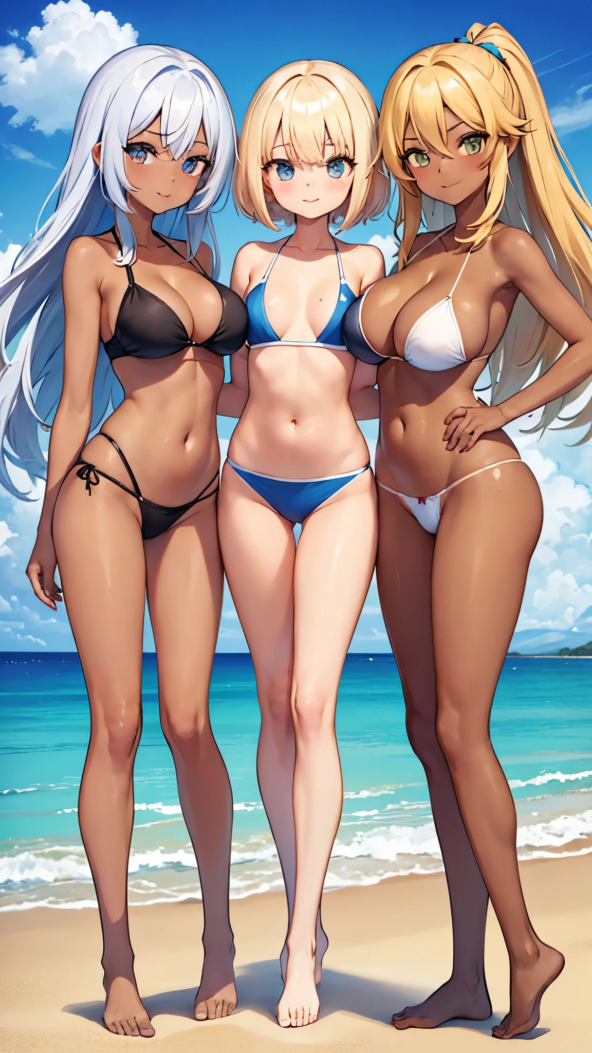 2 girls + 1 adult woman, ((tan skin)), ((dark skin)), (big breasts), blond hair, blond hair, colorful hair ends, sandy beach, three people side by side, skin close together , smile, bikini, swimming suit, high leg