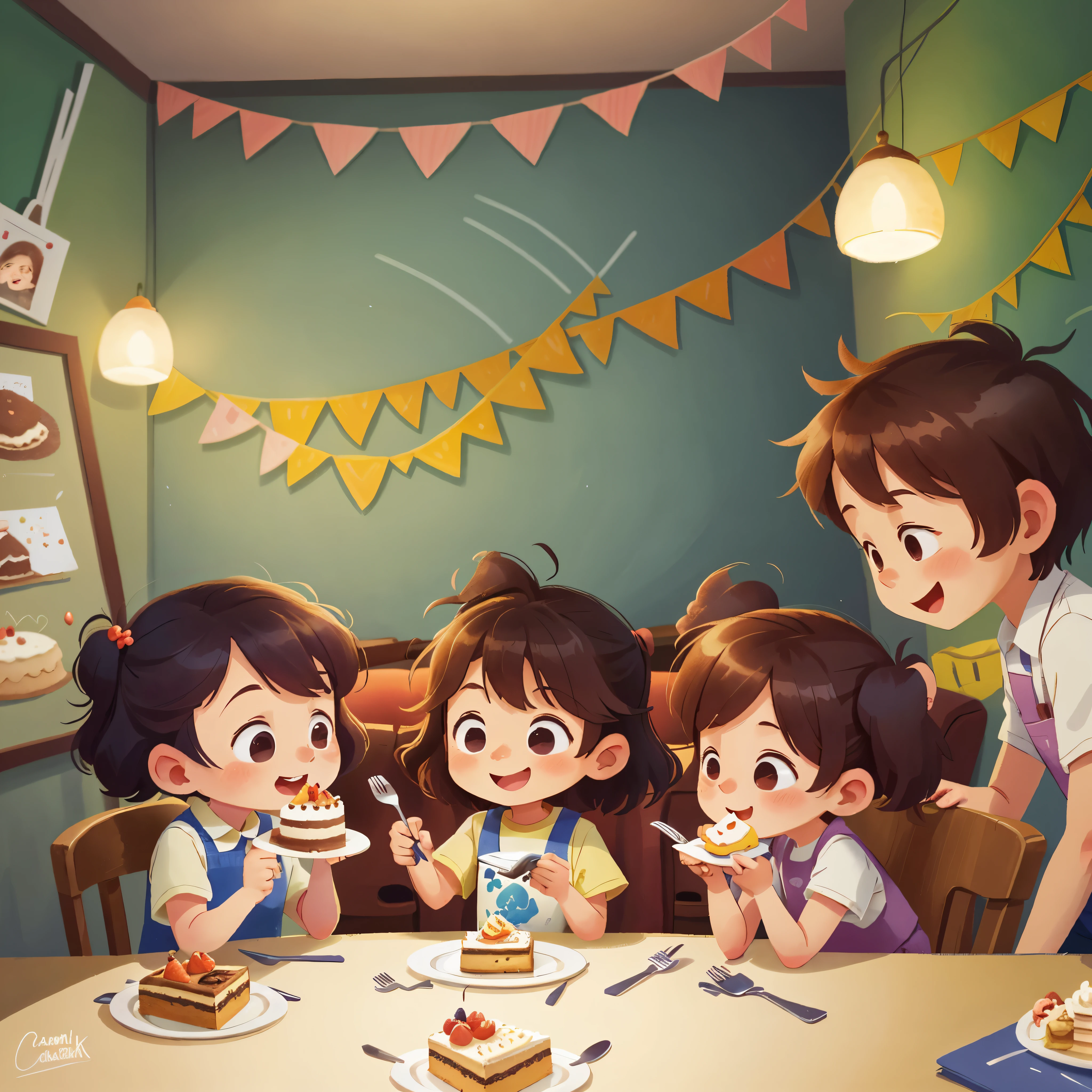 in a comfortable house,Four children,Eat cake together,Cake on a plate,holding a fork,happy,happy atmosphere (Amanda Clark and A. J. Watercolor illustration by Carson),Minimalism