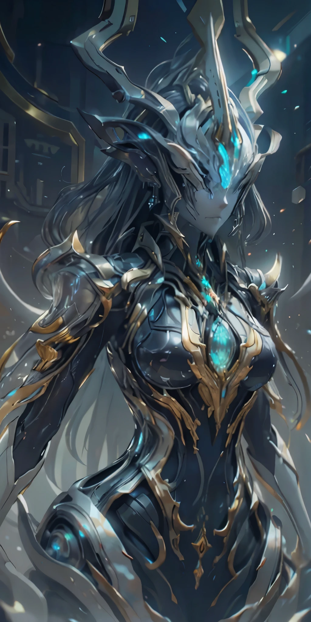 1 girl, No face, mystery, helmet, unicorn horn, glowing eyes,  Extreme detail, shiny metal, dynamic angle, detail light, dramatic_shadow, Rays_track, reflection,raw, lens, (sharp focus:1.5), (lifelike:1.2), Twilight illumination, Volumetric lighting, ultra high resolution, 16k,dramatic lighting,