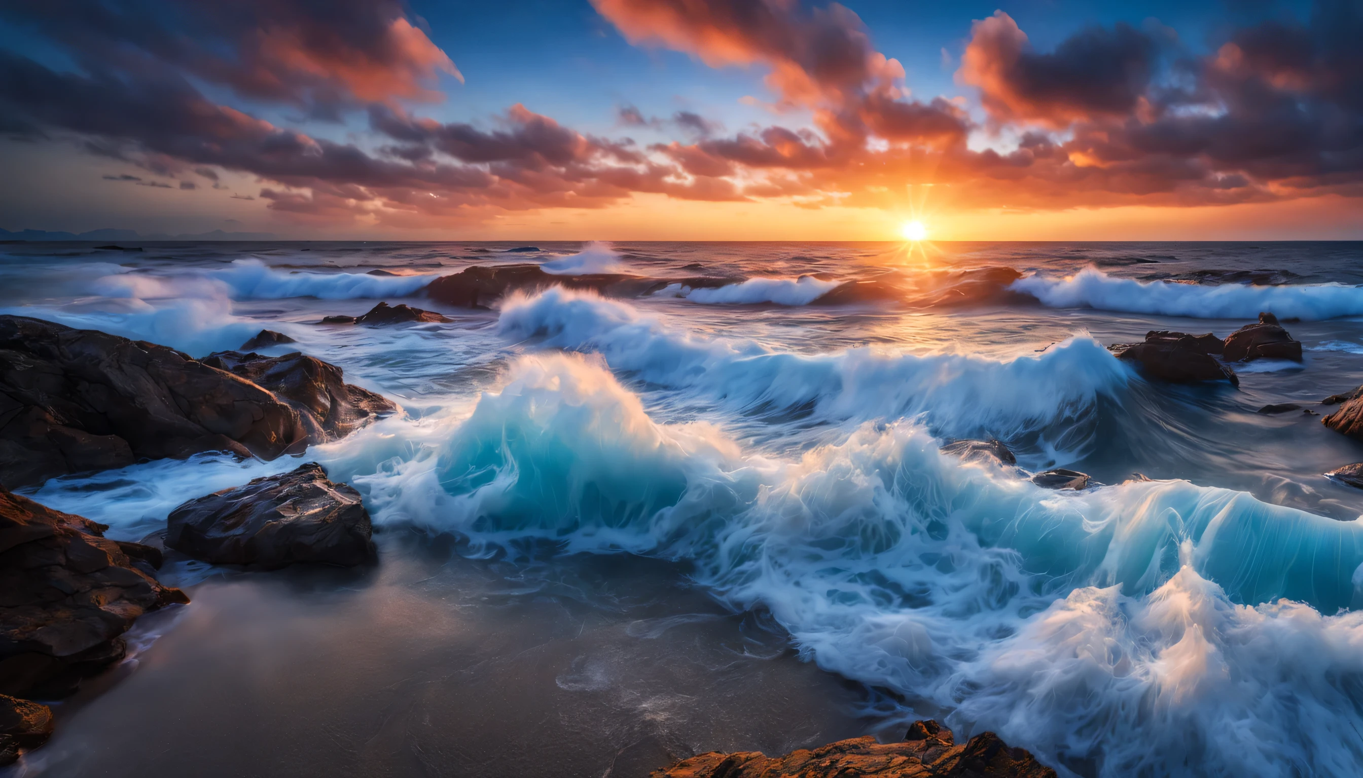 arafed view of a dawn over the blue ocean with waves crashing, chaotic sea setting, breathtaking colors, breathtaking look, breathtaking composition, beautiful sea landscapes, stunning dawn, magnificent background, dawn glow, beautiful background, beautiful dreamy breathtaking, marc adamus, warm beautiful scene, epic dawn, beautiful dawn, beautiful dawn glow, beautiful blue ocean