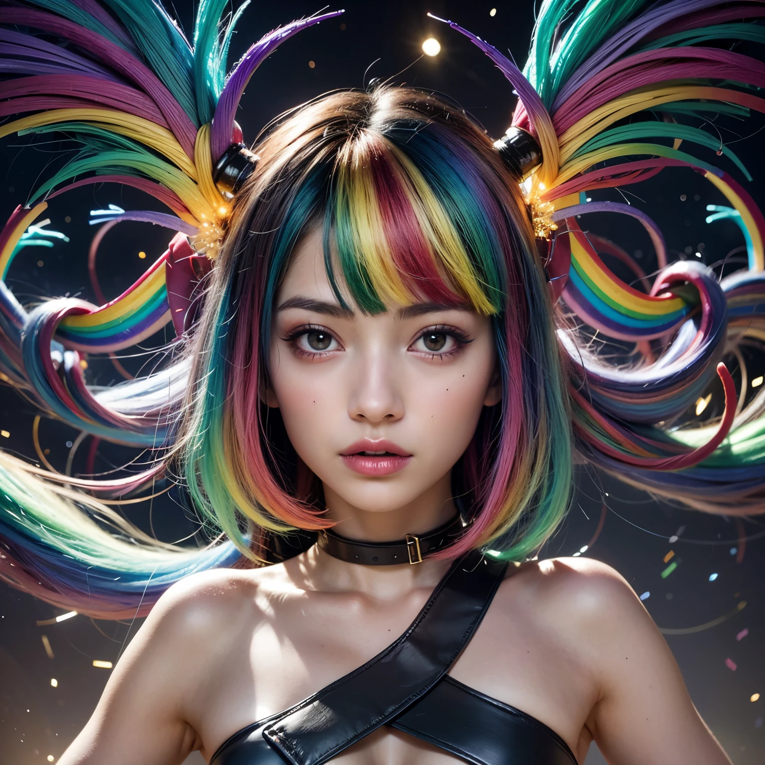 girl demon with rainbow colors and sparkles floating around the air