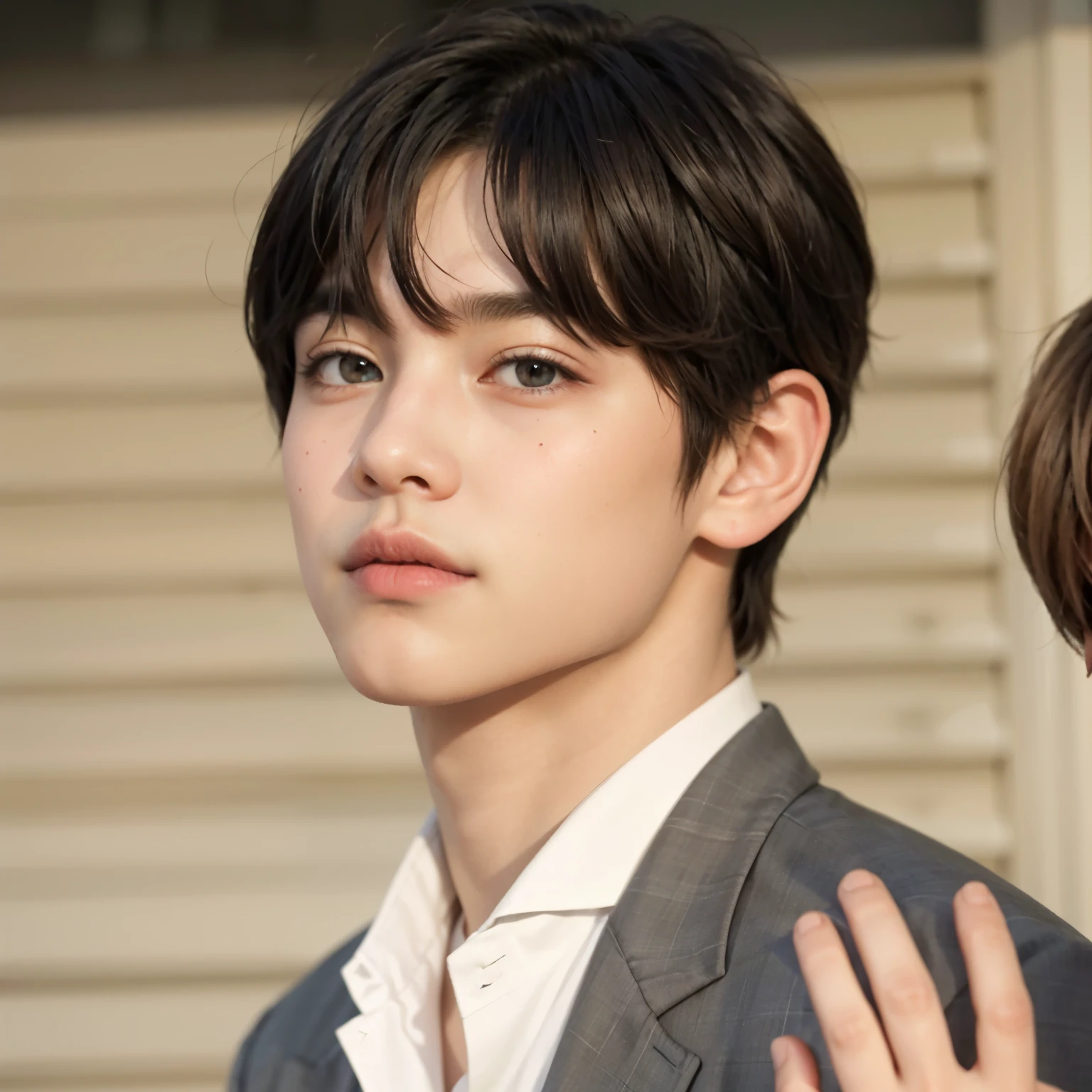 Un joven araffado con una mano en alto delante de una mujer., kim taehyung, taehyung comiendo papas fritas gucci, taken in the early 2020s, jungkook, hyung tae, foto de perfil en la cabeza, taehyung, portrait of taehyung