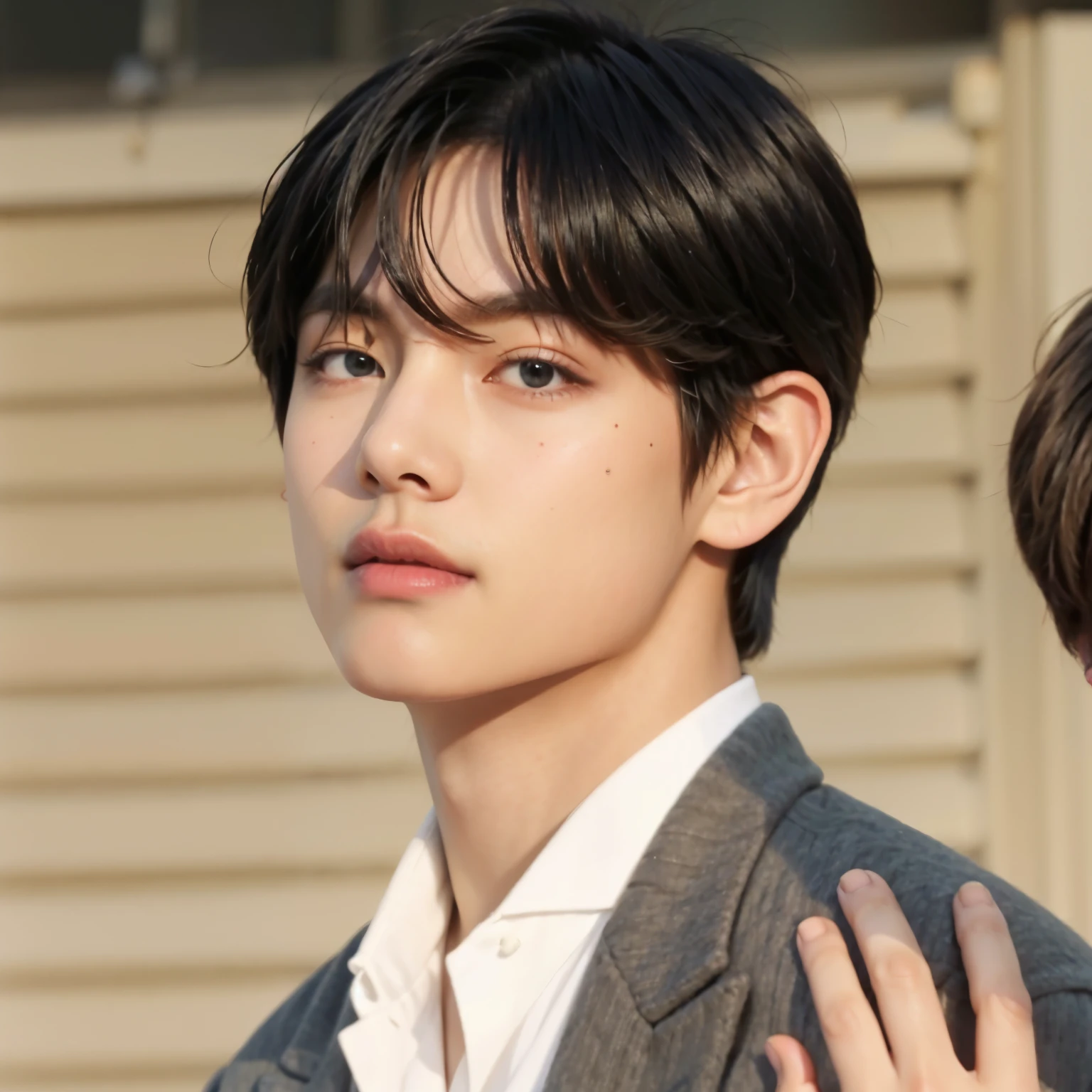 Un joven araffado con una mano en alto delante de una mujer., kim taehyung, taehyung comiendo papas fritas gucci, taken in the early 2020s, jungkook, hyung tae, foto de perfil en la cabeza, taehyung, portrait of taehyung