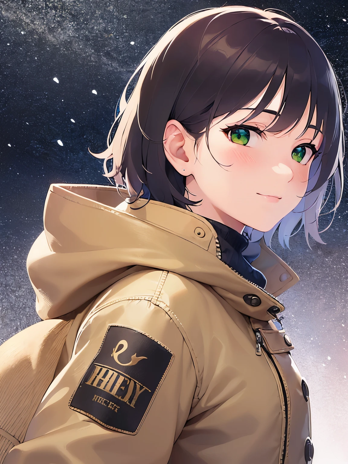 side angle, cowboy shot,, Realistic, real person, RAW photo, photorealistic, portrait photography, shiny skin, japanese idol、(前髪がある20歳の女性), (green eyes:1.5) and (brown hair) and (bob cut) and (wavy hair), 、(beige Down Jacket:1.5)、黒いタートルネックセーター、smile, (blush:1.3), 一人きり、背景は外、雪