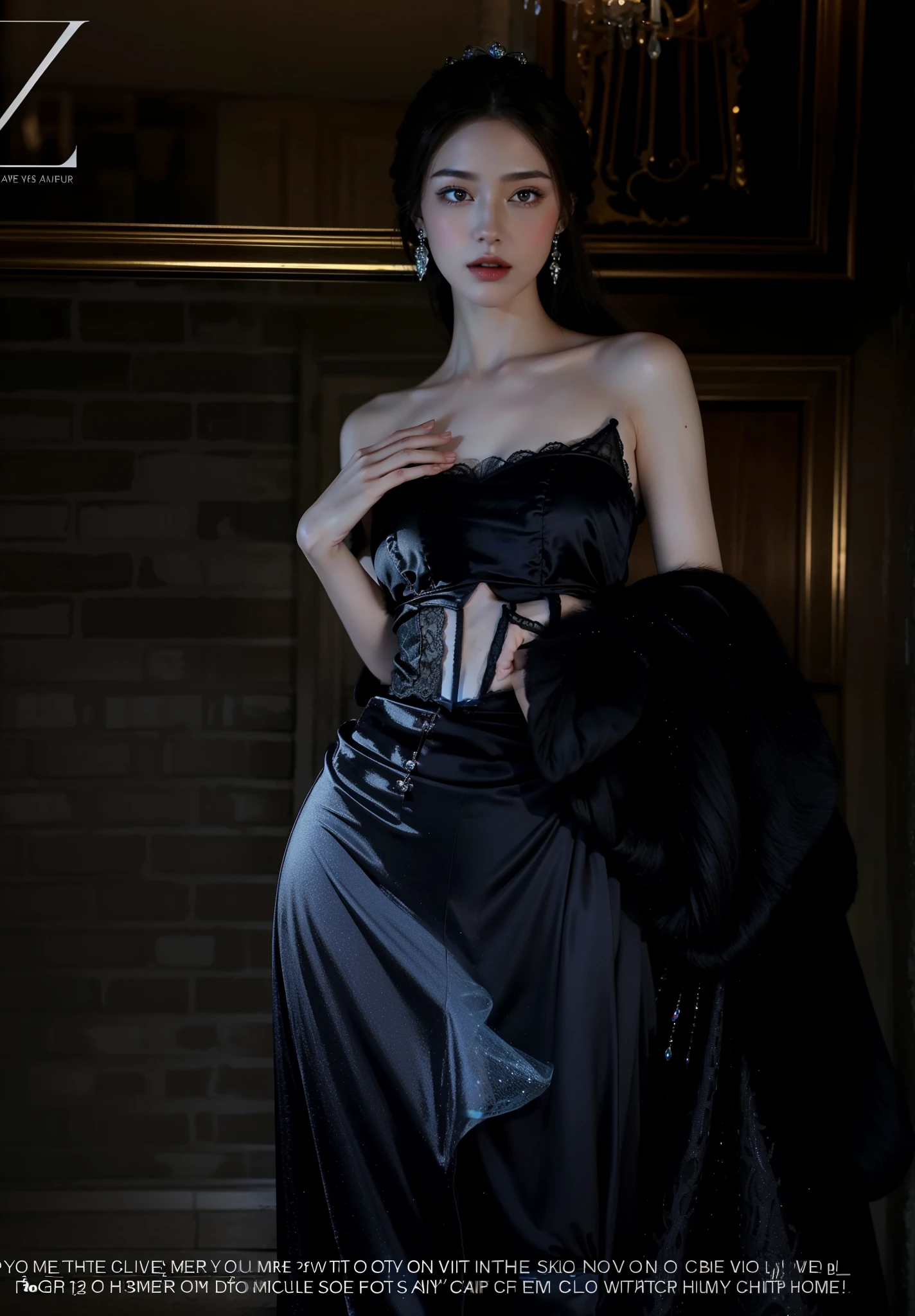 height: 170cm, 30 years old、Pale face and eyes:1.3、Very narrow face and eyes:1.3, (Swollen eyes:1.5)、Dark eyeliner、Thick eyebrows、Thick eyebrows、{Highest quality}, {{masterpiece}}, {Very delicate and beautiful}, Great light and shadow, Highly detailed wallpaper, clear 、1 girl, , blush, Short Bob Hair, (Bare Bust、Supermodel Legs、High heels), Delicate hair, (Realistic skin texture:1.3), Saggy breasts, Cleavage、or noticeable wrinkles on the skin., B cup, Broad shoulders, ((Dynamic Model Pose)), necklace、ring、earrings、BREAK (( a strapless, form-fitting black lace dress that has intricate floral patterns. The dress features a sheer lace overlay that adds a touch of elegance and sensuality. The hem of the dress is designed with a delicate lace trim, and it appears to be knee-length or slightly longer)), smile、(Front Focus), (In the Dark:1.6), Surrealist female portraits by David Hockney and Alphonse Mucha, Fantasy art, Realistic, Dynamic Lighting, Art Station, Poster, Volumetric lighting, Highly detailed face, 4K, Awards, 1 girl, In the Dark, Deep Shadow, Discreet keys, Long Hair, color々angle, color々performance
