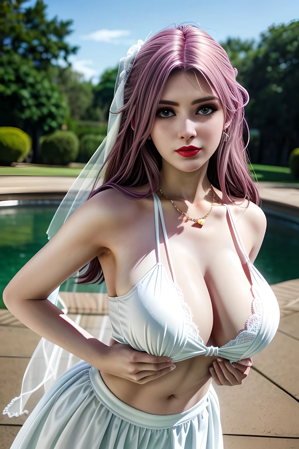 1 girl,Alice,(Wedding dress),Red_bikini,outdoor,  (standing posture),grace,(((red lips))), Lips slightly open,  clavicle,Lactation,(huge breasts),shiny skin,((8k, original photo, top quality, masterpiece), HD RAW color photos professional close-up photos, (actual, photorealism: 1.37), (best quality),8k,Fabric luster,alone,