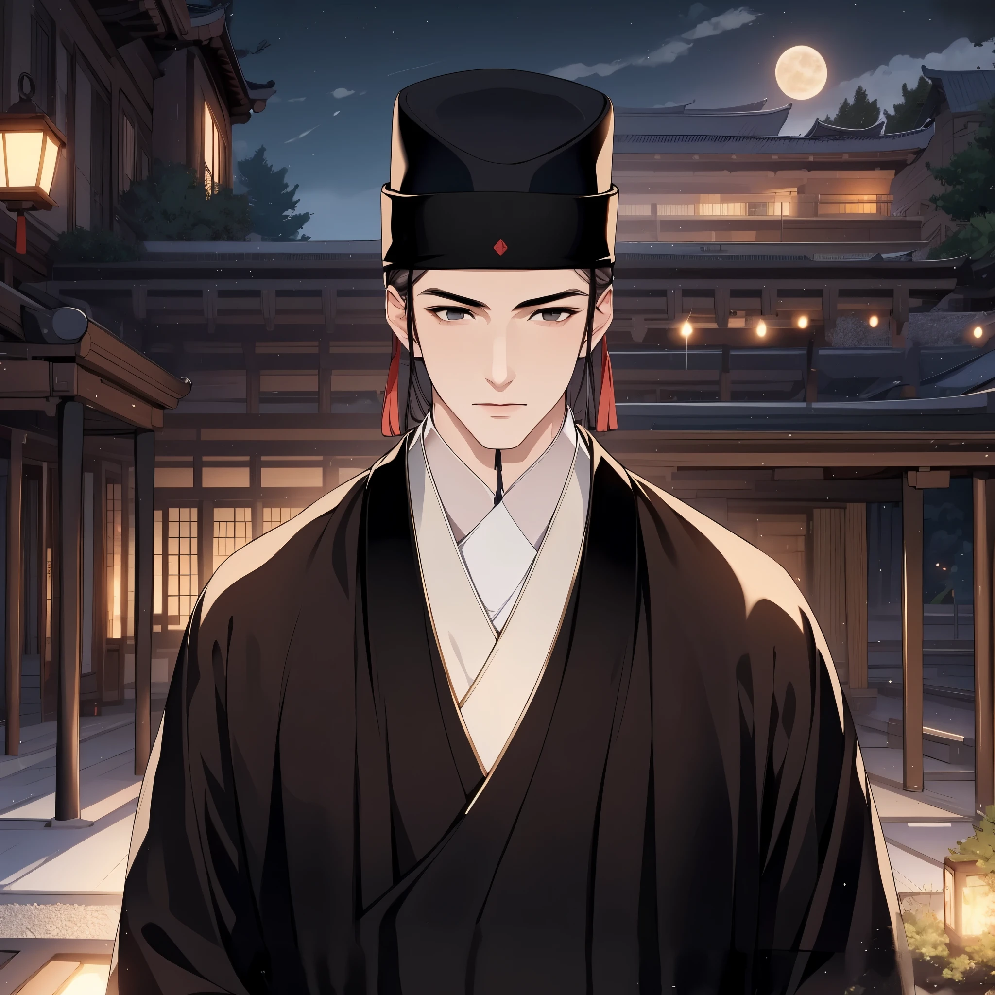 (best quality,high resolution,clear image:1.2),Super detailed background,Beautiful man,individual,Hanfu,The wind blows,Black cap,Garden scene,Under the moonlight,romantic atmosphere,Dutch Angle Shot,soft light,shelmet,Upper body