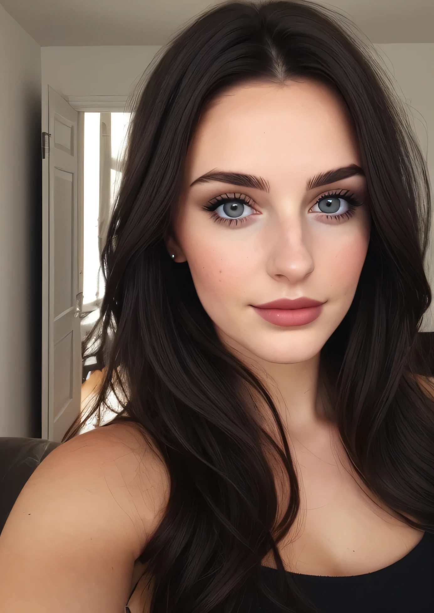 a selfie of a pretty young woman, ((dark hair)), taken with iphone camera