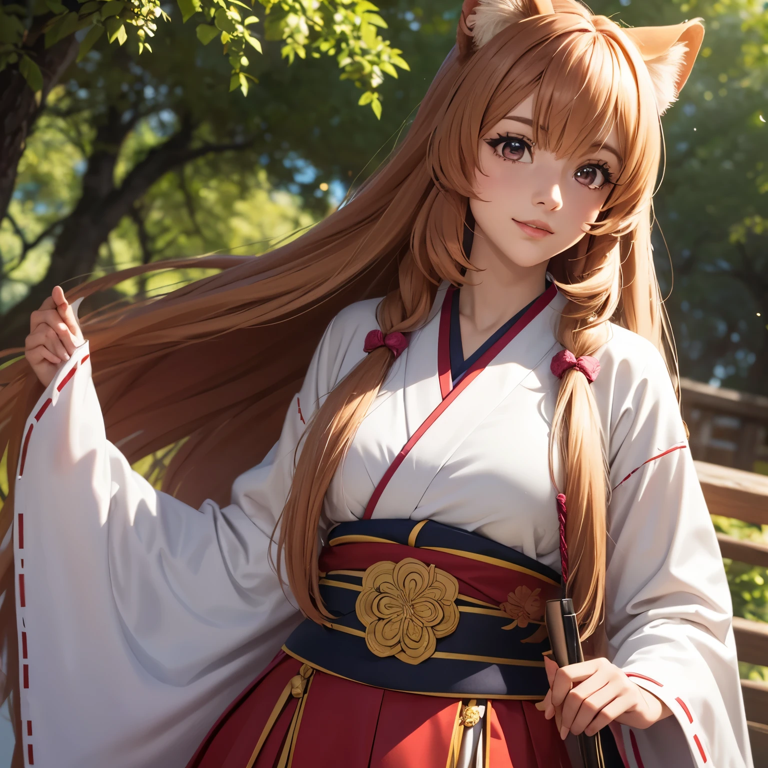 Raphtalia. beautiful woman 21 years old light skin detailed . ojos rojos brillantes. orejas de animal redondas , pechos muy grandes. rubor, rostro hermoso. sonrisa feliz, disfraz miko. kimono parte superior blanco parte inferior rojo, pink flower shaped belt, pechos enormes. japanese garden background. escote. alta calidad, obra maestra orejas de animal, escote, enfoque en sus pechos. cuerpo completo.