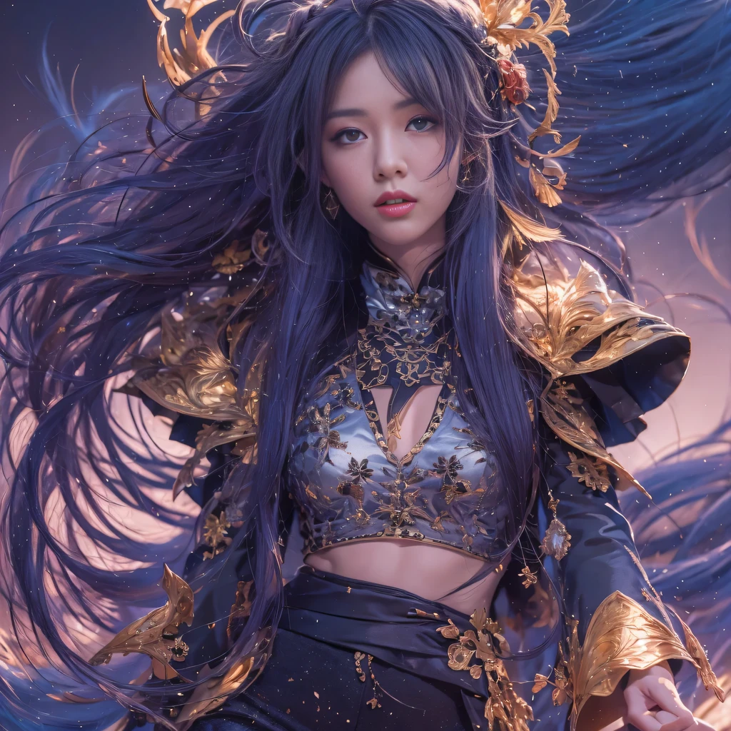 32k(masterpiece,HD,超HD,32k)Bright purple long flowing hair,autumn pond,Ziddink, a color, Asian (Silly girl), (silk scarf), fighting stance, looking at the ground, long white hair, Floating bright purple, Fire cloud gold headdress, Chinese long-sleeved gold silk garment, (Abstract ink splash:1.2), Black smoke background,Lotus protector(realistically:1.4),Bright purple hair,Smoke on the road,The background is very pure, high resolution, detail, RAW photos, Sharp Re, Nikon D850 film photo by Jefferies Lee 4 Kodak Portra 400 camera F1.6 guns, colorful, Ultra-realistic and vivid textures, dramatic lighting, Unreal Engine Art Station Trend, Sinest 800,Bright purple long flowing hair