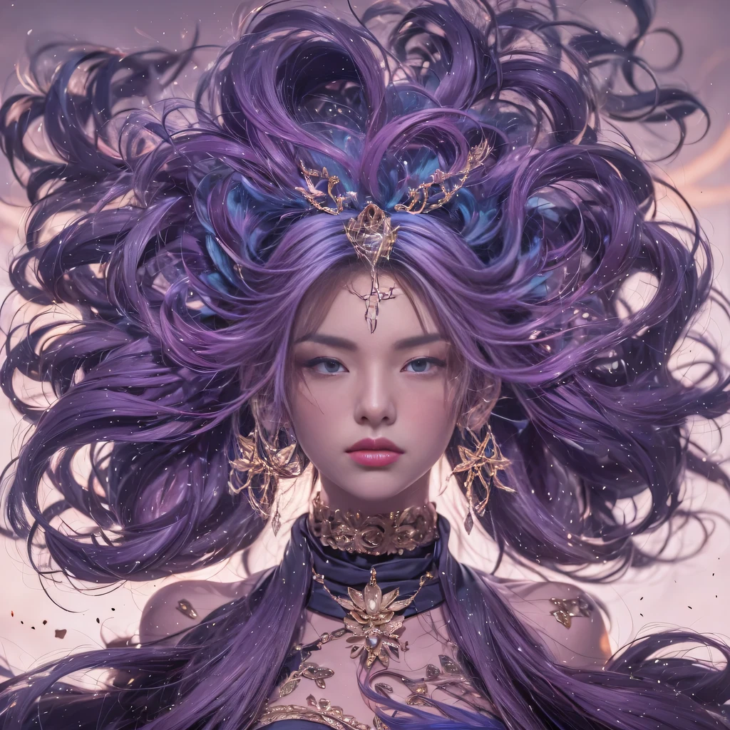 32k(masterpiece,HD,超HD,32k)Bright purple long flowing hair,autumn pond,Ziddink, a color, Asian (Silly girl), (silk scarf), fighting stance, looking at the ground, long white hair, Floating bright purple, Fire cloud gold headdress, Chinese long-sleeved gold silk garment, (Abstract ink splash:1.2), Black smoke background,Lotus protector(realistically:1.4),Bright purple hair,Smoke on the road,The background is very pure, high resolution, detail, RAW photos, Sharp Re, Nikon D850 film photo by Jefferies Lee 4 Kodak Portra 400 camera F1.6 guns, colorful, Ultra-realistic and vivid textures, dramatic lighting, Unreal Engine Art Station Trend, Sinest 800,Bright purple long flowing hair