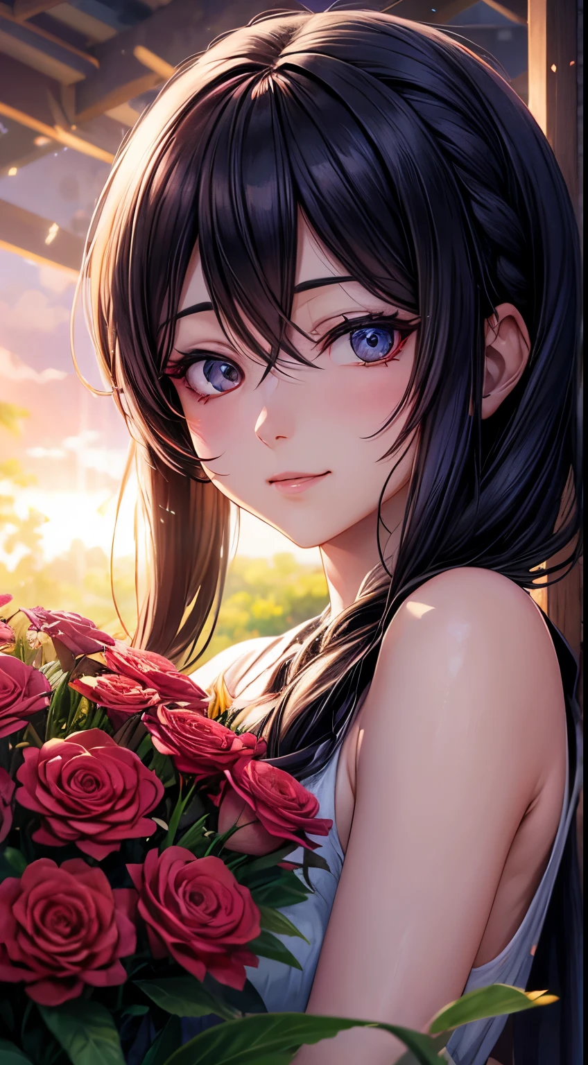 Woman, 30 years, Mitsure by anime Demon Slayer, Surrealism, happy, cinematic lighting, god rays, bokeh, UHD, masterpiece, super detail, high quality, close-up, flowers