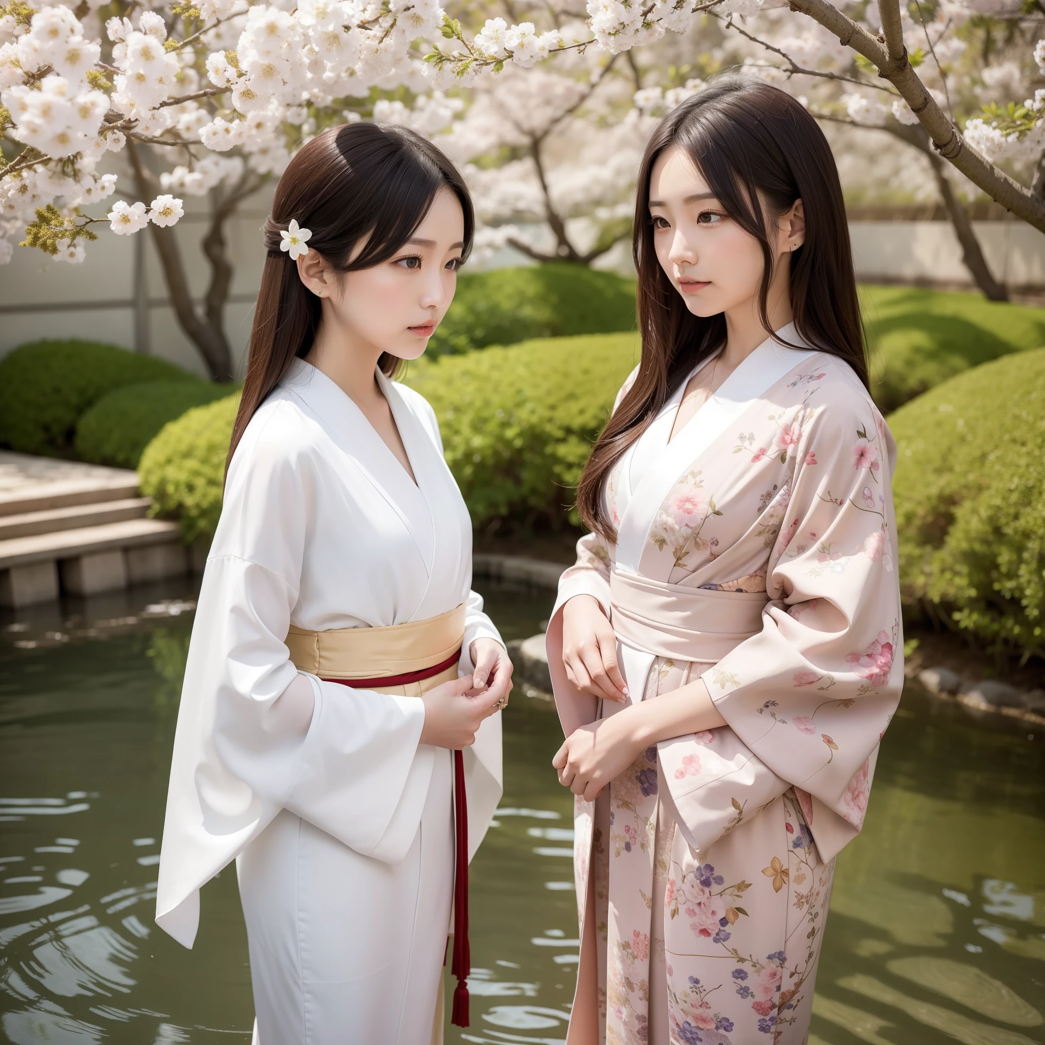 Incomparable masterpiece of hyper-realistic photography: A Japanese couple, clad in elegantly adorned kimonos, stand facing each other with their bodies bent at a 20-degree angle, deeply immersed in contemplation or perhaps in search of something concealed within the vibrant autumnal landscape. The harmonious backdrop of cherry blossom gardens, bathed in soft natural lighting, adds to the enchanting and serene atmosphere. The delicately patterned kimonos accentuate their slender forms, the long, dark hair falling in gentle waves around their shoulders. Their gentle, slight smiles exude a sense of tranquility and intimacy. Brown and red