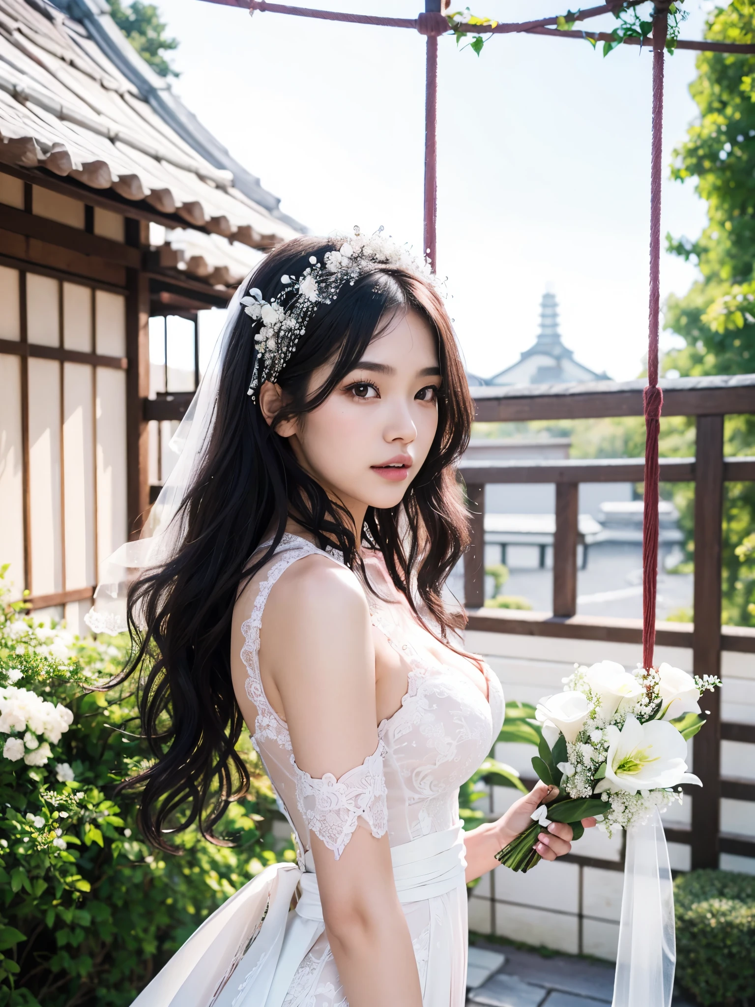 photo, photo realistic, (photorealistic:1.4), best quality, high quality, 4K, RAW, masterpiece, realistic lightning, beautiful face,
1girl, solo, (18 years old), (japanese:1.3), gravure idol, (medium breasts),
black hair, (medium hair:1.2), (wavy hair:1.2),
((light) pink lips:1.3), closed mouth, (smiling:0.8),
(bride:1.2), (((white)) wedding dress:1.2), wedding veil,
looking at viewer, (upper body), (beautiful arms:1.2), (side view),
BRAKE,
(outdoors:1.4),