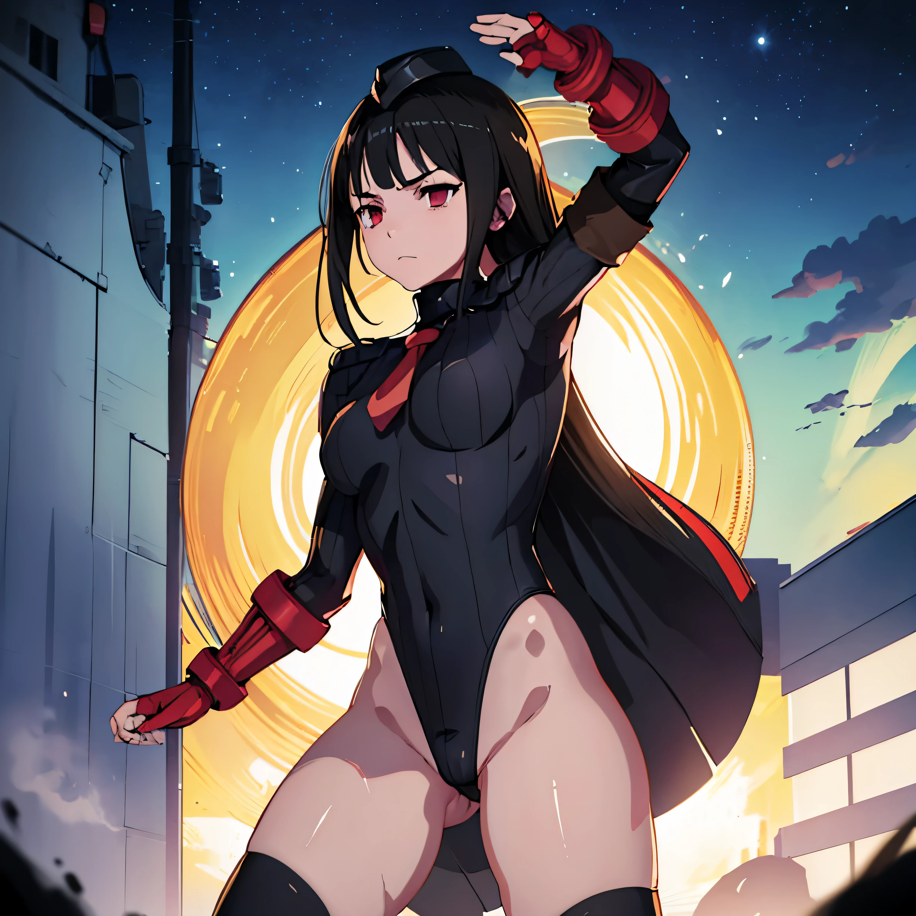 Very detailed, clear, beautiful body, Beautiful nose, Beautiful character design, perfect eyes, perfect face, very high, 4k, Beautiful legs, perfect legs, good hand, perfect hand, Masterpiece, best quality, haveรายละเอียดสูง, illustration, nonsense, perfect anatomy, street fighter, doll set, Chadaloo Doll, doll set, expressionless, empty eyes, look at viewer, red gloves, Emotionless, black Latex, corruption, mind control, female warrior, full body, hypnotized, ความมึนงงที่ไม่haveความสุข, full body suit, Ribbed bodysuit, Both arms are at the sides., obey, perfect woman's body, extremely glossy Latex, hypnosis, Hipnolora, empty eyes, empty eyes, mind control device, Poses, give up_Pose, slave, standตัวตรง, stand, stand at attention, have, necktie, belt, Latex, Ribbed bodysuit, thigh high, garter belt, fighting posture, Extend your right arm away from your shoulder into the air with your hand straight., soldier, thigh boots, 1 girl, hair accessories, black hair, long hair, conjunctivitis, (((Pixel Perfect, perfect detail))), alone, 1 girl, Aya Asagiri, mahouhoujosite, smooth