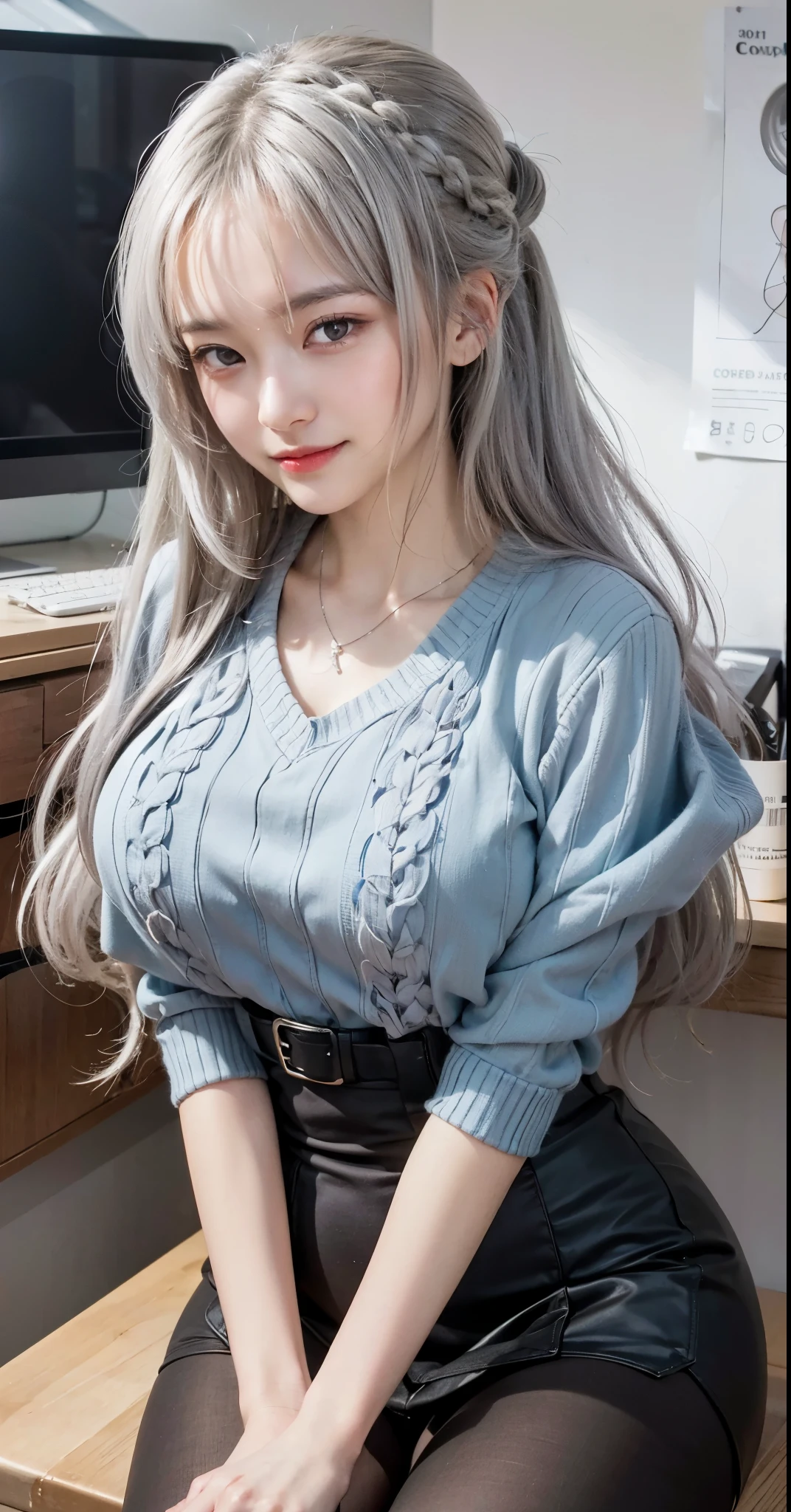 masterpiece, high resolution, 1 girl, realistic image of a woman sitting on a desk with a computer, (sfw) safe for work, perfect white haired girl, seductive beautiful girl, small curvy , silver hair (ponytail), detailed realistic, with a large breasts, white haired, gray haired, big breasts!, breast detailed, silver eyes, light silver eyes, detailed silver eyes, smiling expression,