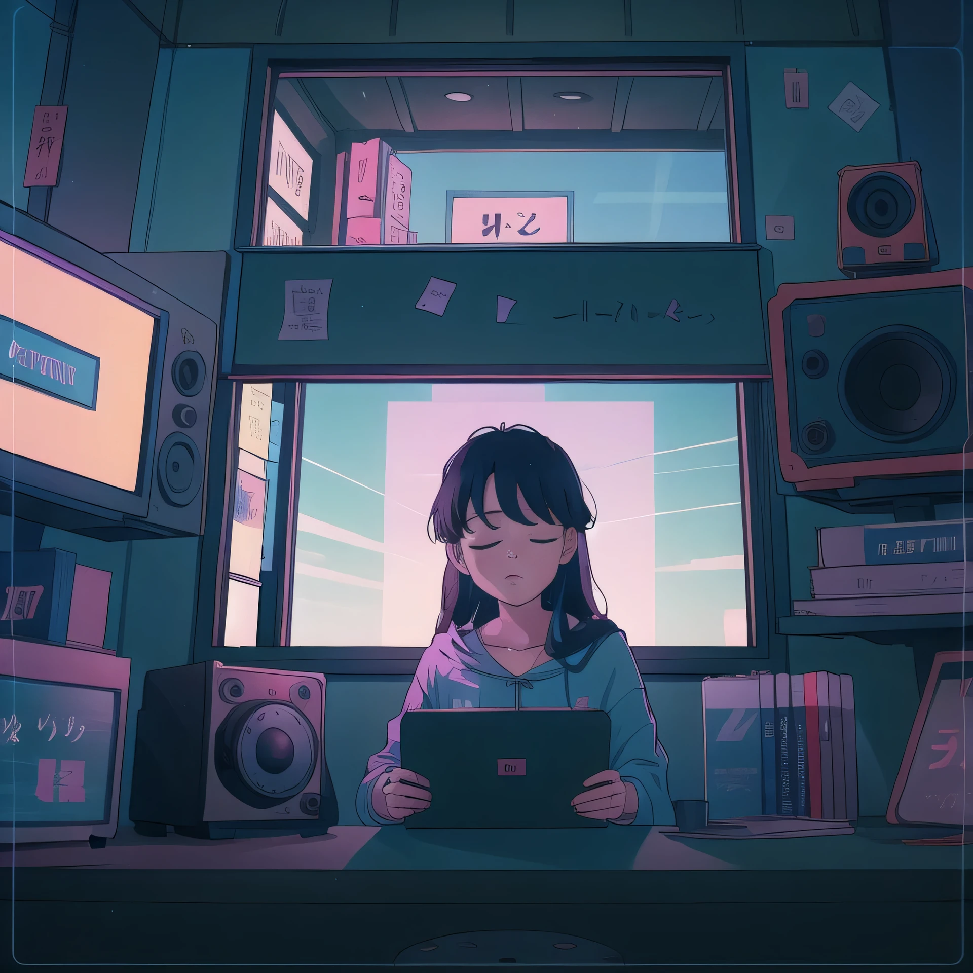 Pretty Anime Girl Lofi Alone, sentado en una mesa con auriculares, puesta del sol, , un libro, Chica Lofi, Arte Lofi, Null Art Style, Lofi Sensation, Retrato de Lofi, Colores Lofi, nulo, Arte lo-fi, Vibraciones Lofi , Ambiente Lofi, Lofi hip hop, Satoshi Could Have an Art Style, Lofi Girl Aesthetics
