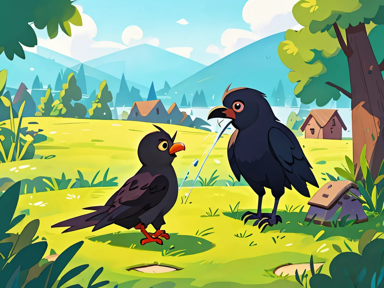 Fable story: A crow drinks water. A crow is very thirsty and looks for water everywhere to drink. The sun, grass, distant mountains, sky, black crow, cartoon, anxious