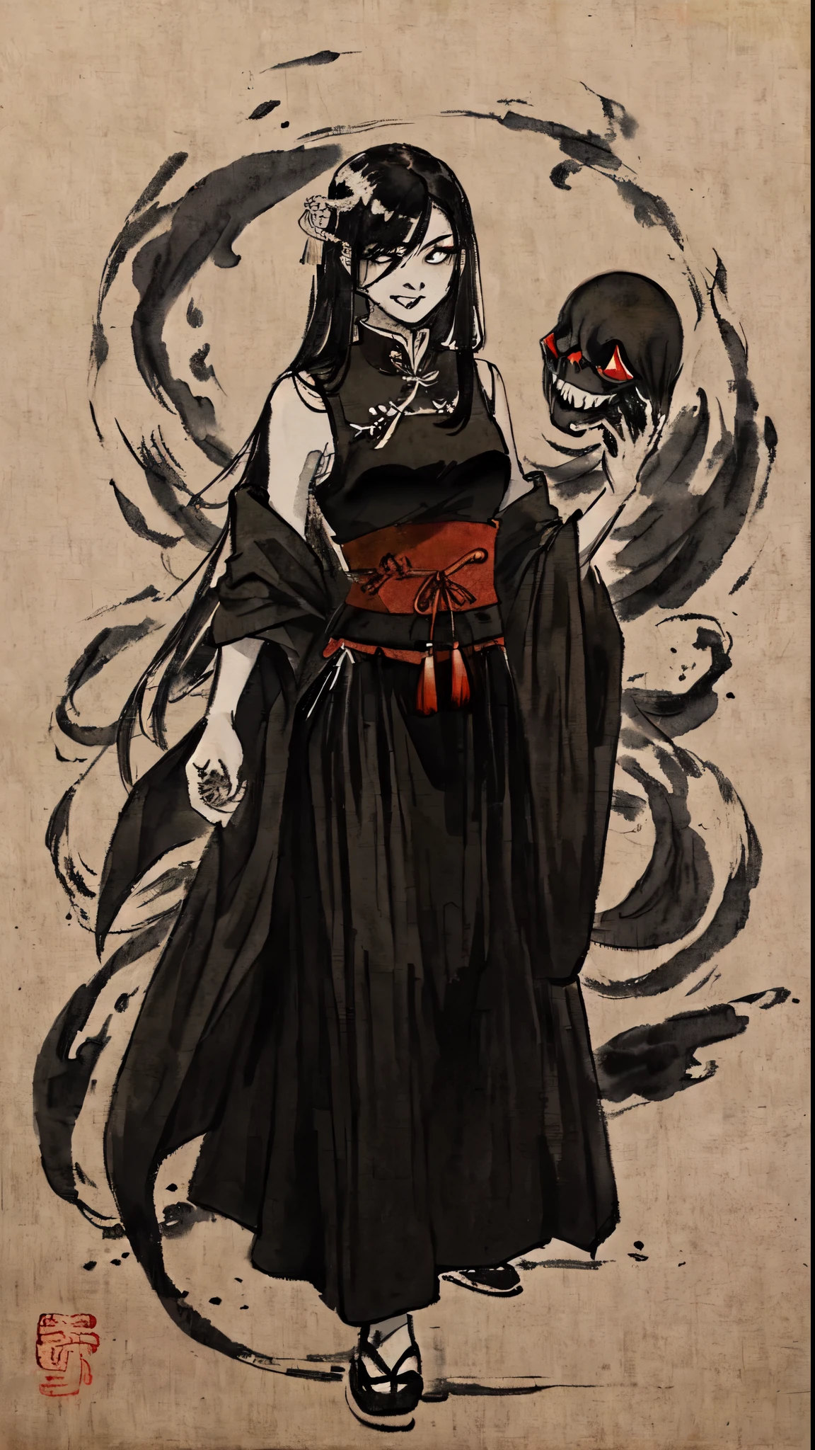 (traditional Chinese ink painting,) (black and white) (fulll body) shukezouma, 1 woman, chinese, vampire, 30 years old, monster face, wearing a sleeveless dress, high collar, long black hair, faux bob, surrounded by ghosts
